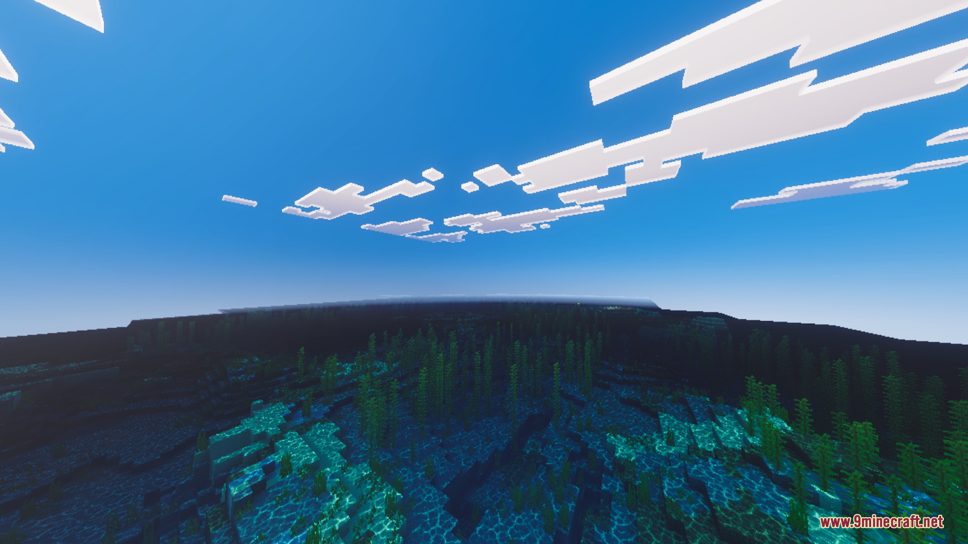 Solaris Visuals Shader Screenshot 1 Scenic view of a vast ocean with kelp and stylized white clouds above