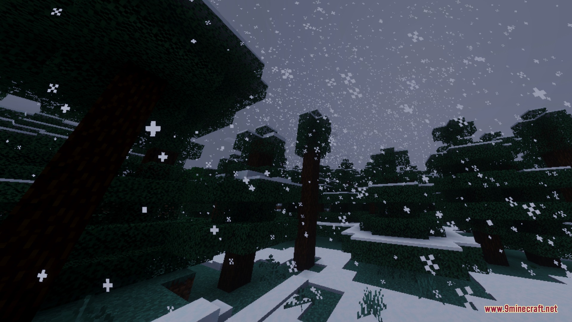 Solaris Visuals Shader Screenshot 10 Snow falls over a dark forest with snowy ground and pine trees