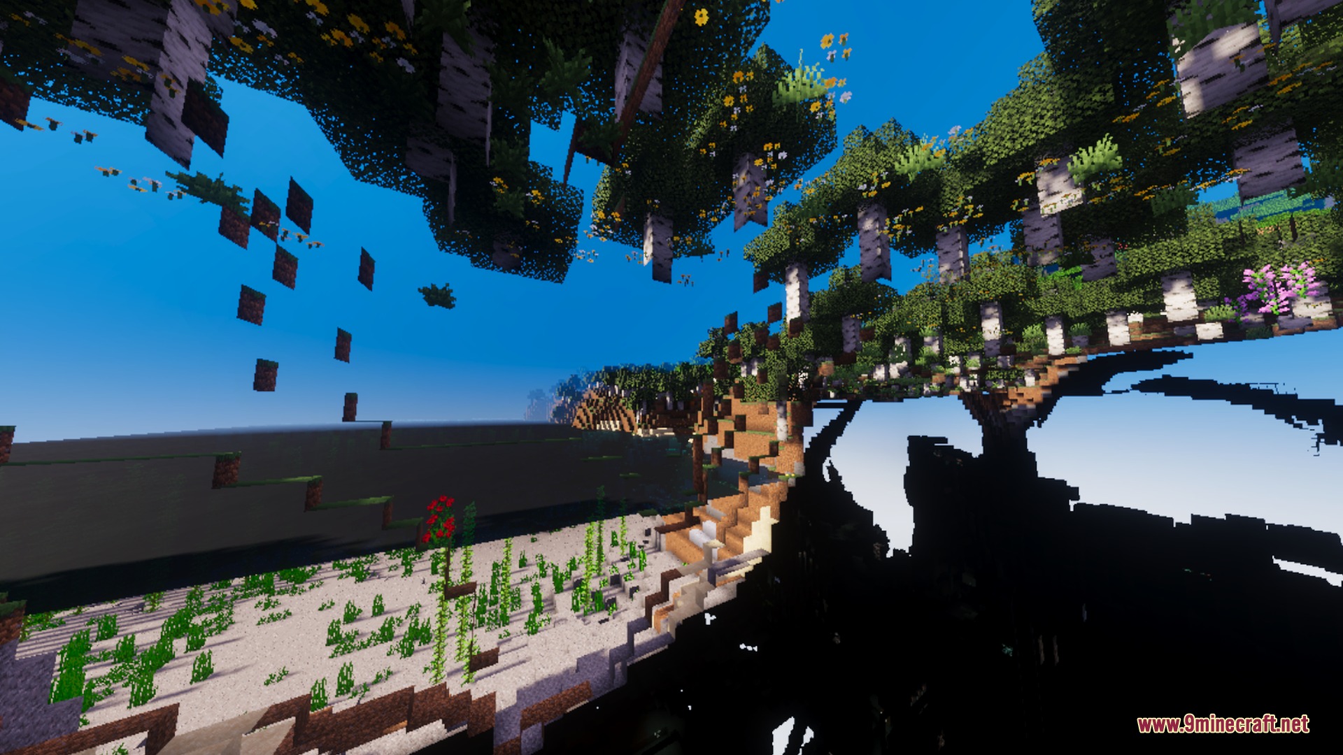 Solaris Visuals Shader Screenshot 2 Cinematic underwater perspective showing birch trees and flowers along a sandy shoreline