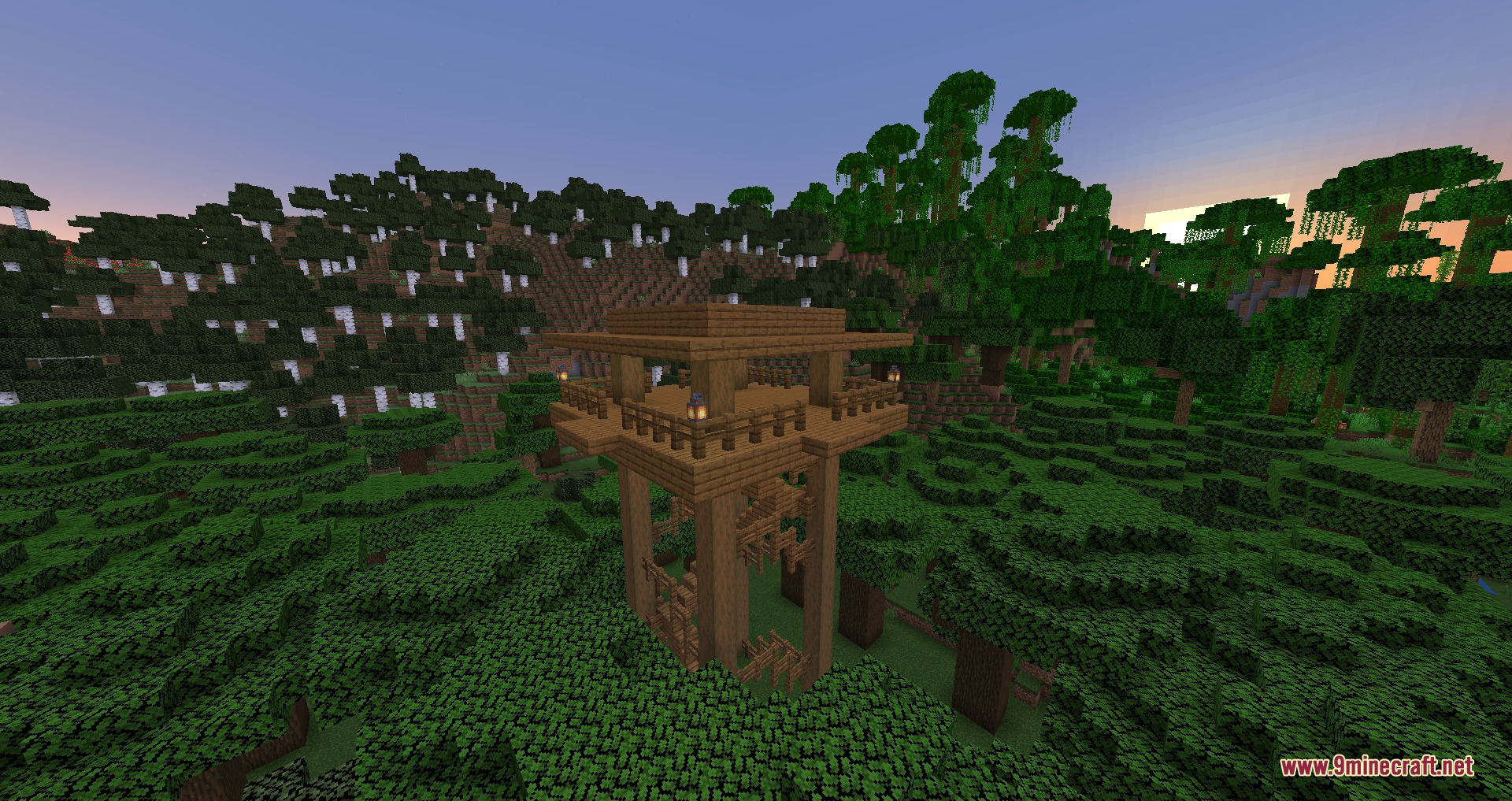 Solidified Horizons Mod Screenshot 4 A tall wooden watchtower with lanterns stands in a lush jungle biome