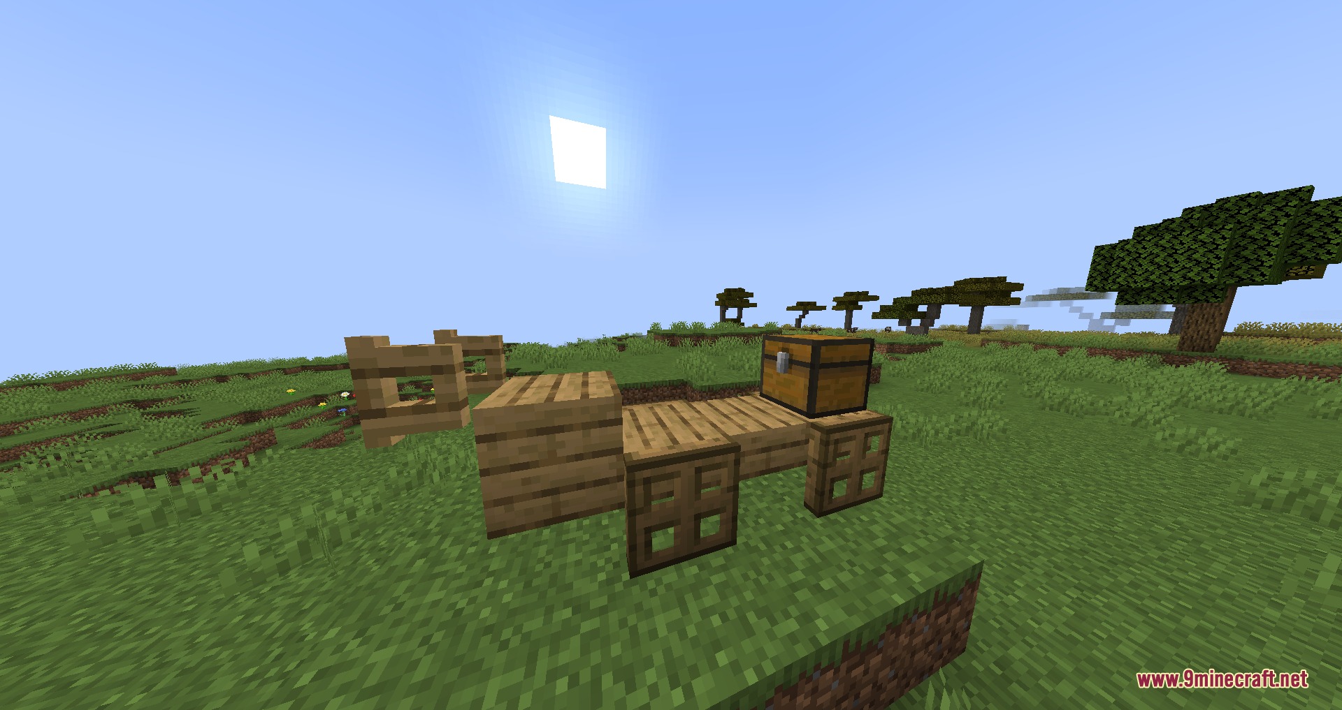 Solidified Horizons Mod Screenshot 5 A small wooden cart structure with a chest in a savanna biome