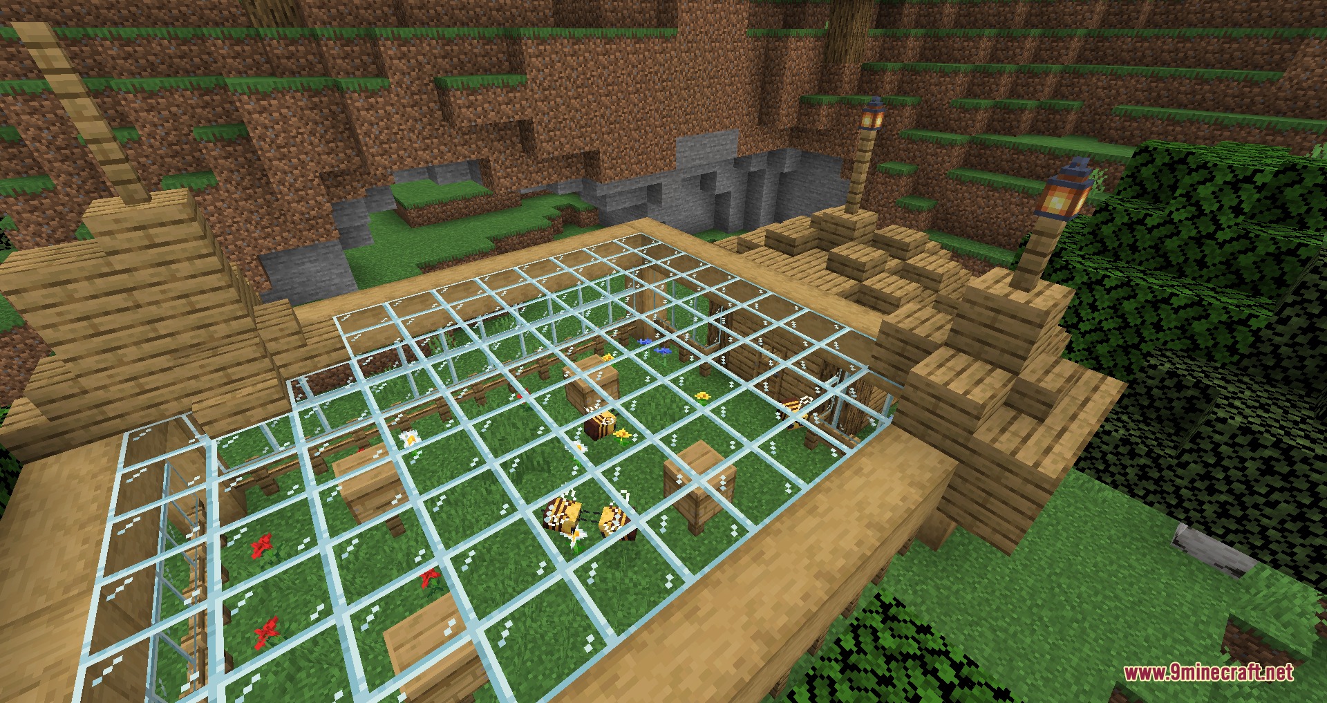 Solidified Horizons Mod Screenshot 6 A beekeeper farm structure with a glass roof and several bees
