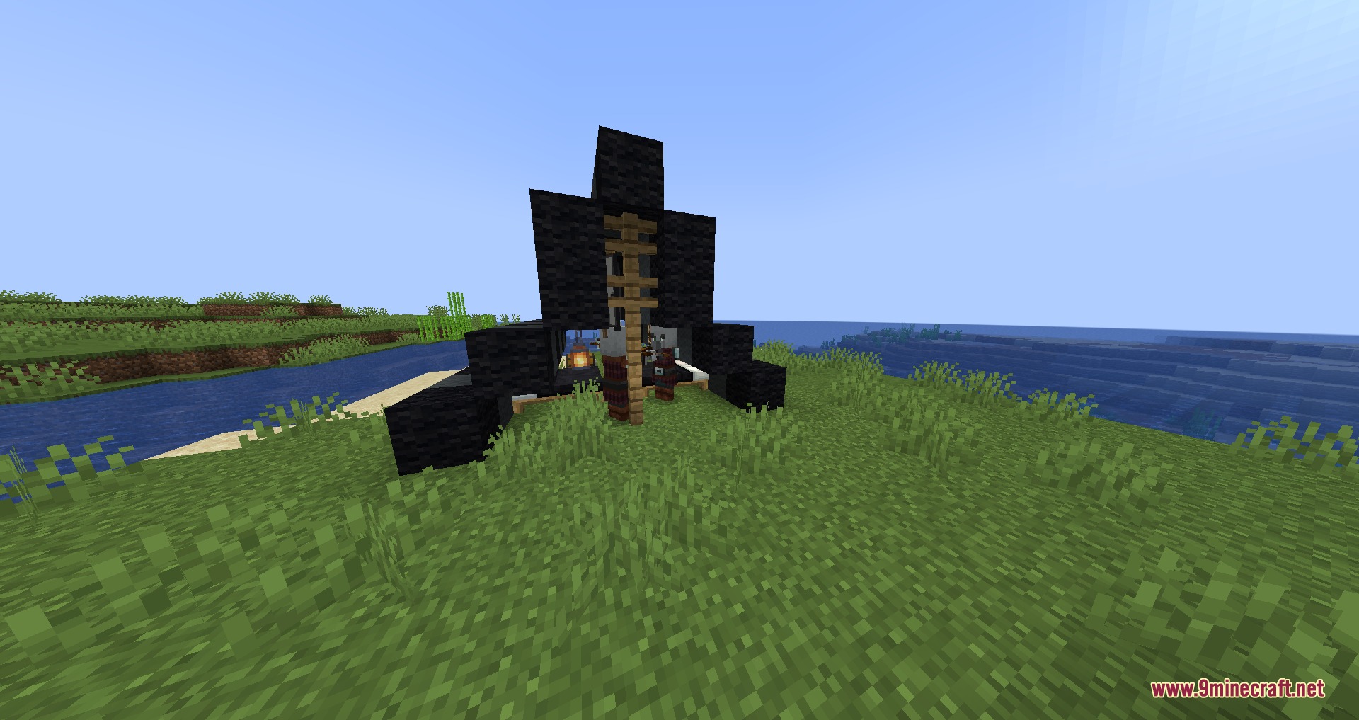 Solidified Horizons Mod Screenshot 8 Pillagers standing near a small black tent structure by the water