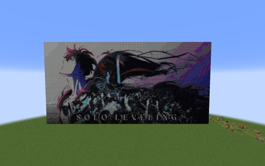 Solo Leveling Pixel Art Schematic Screenshots 1 A giant pixel art creation of Solo Leveling artwork inside a Minecraft world