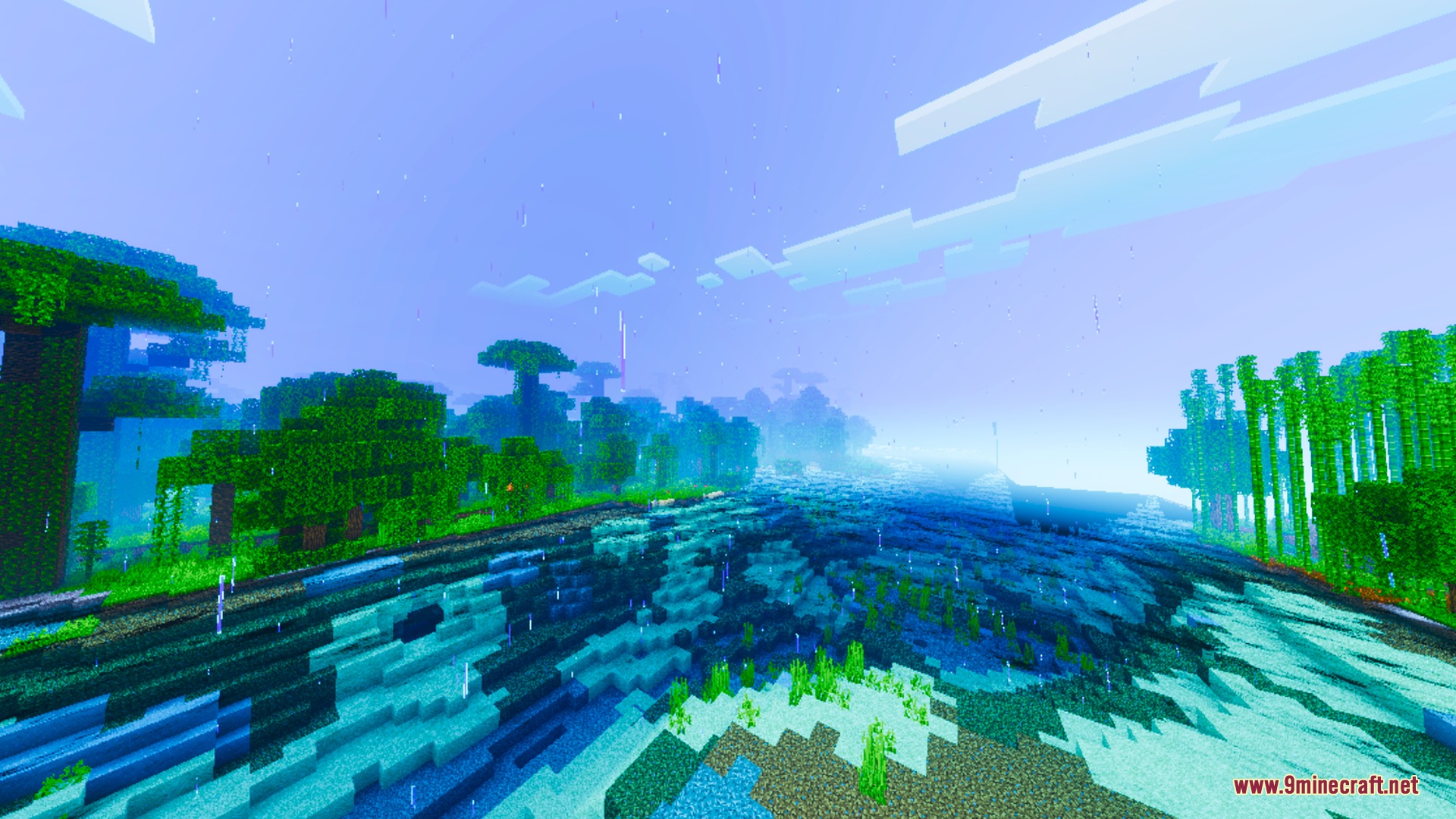 Solstice Chroma Shader Screenshot 1 Lush jungle and bamboo forest next to clear blue water during rain