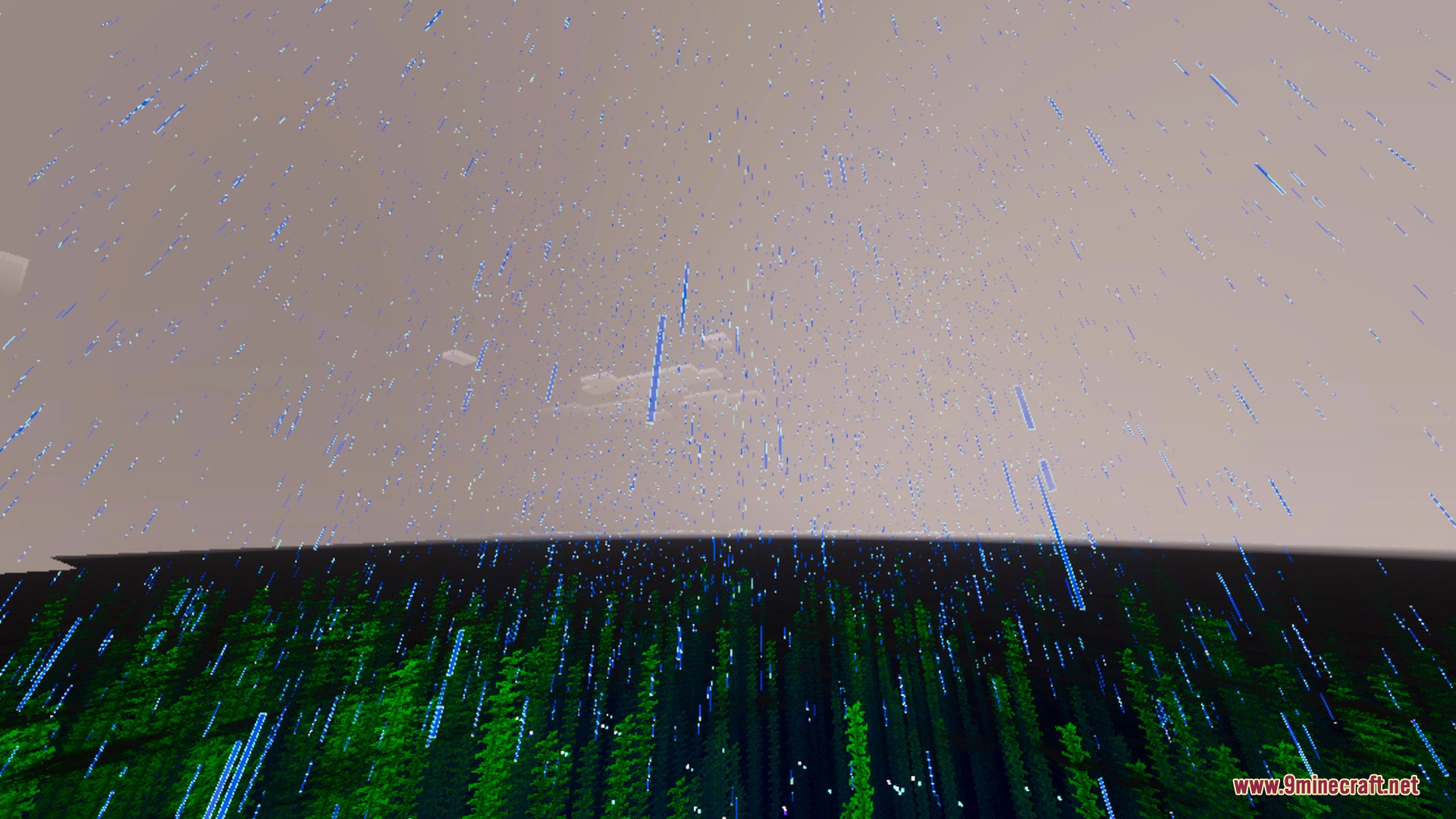 Solstice Chroma Shader Screenshot 10 Blue rain falls from a grey sky over a dense green forest canopy