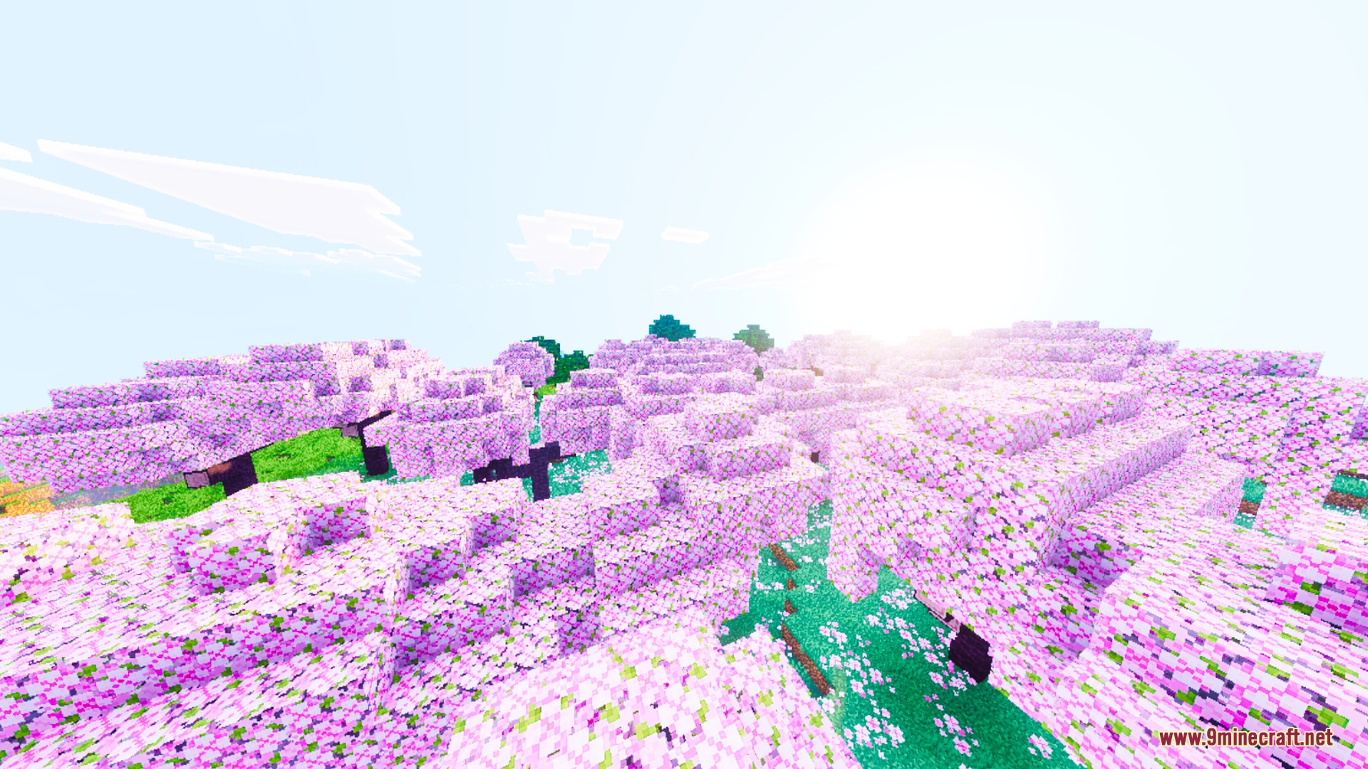 Solstice Chroma Shader Screenshot 2 Vibrant pink cherry blossom trees glowing under a bright and sunny sky