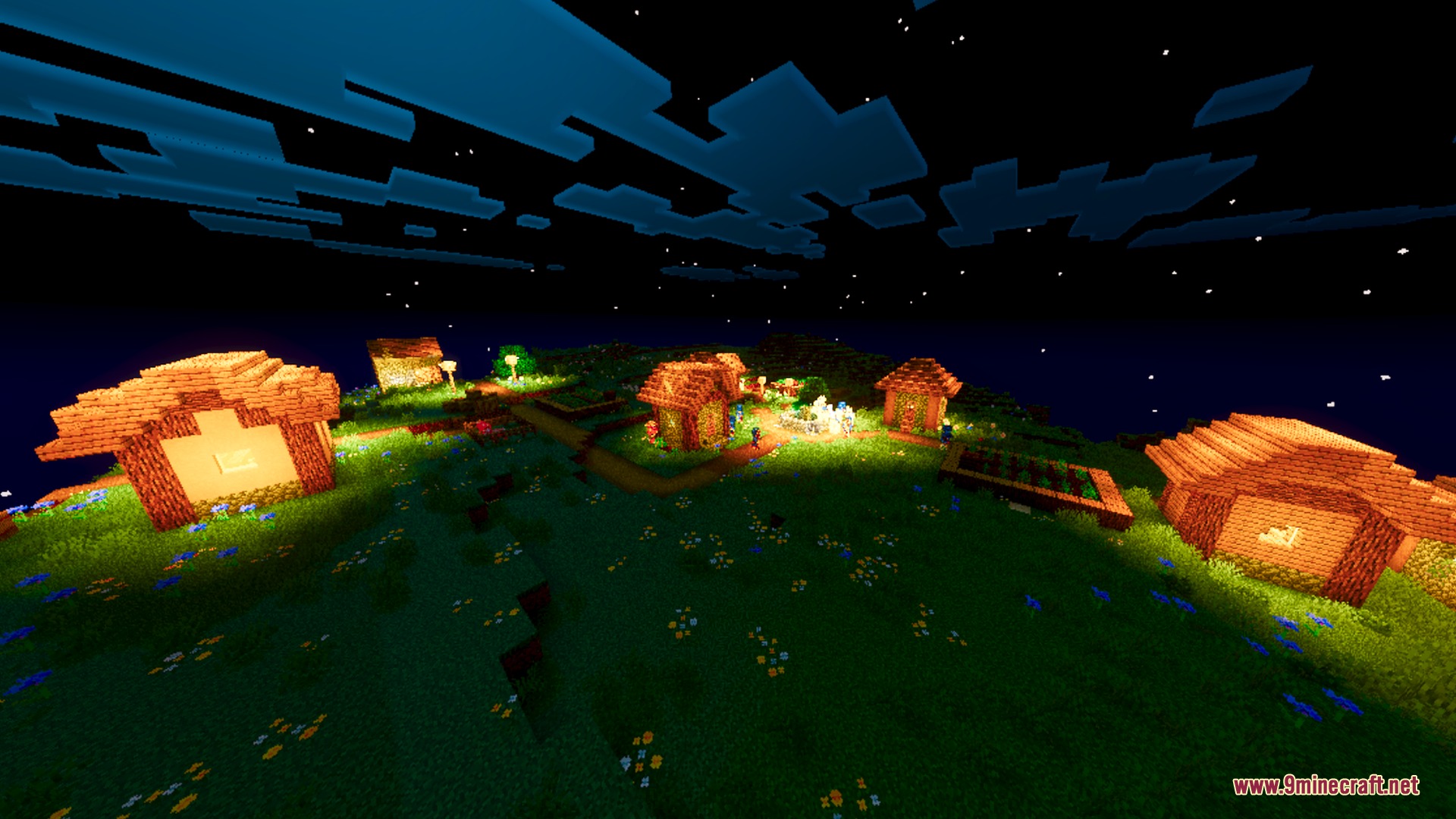 Solstice Chroma Shader Screenshot 3 Warm orange lights glow from small houses in a peaceful Minecraft village at night