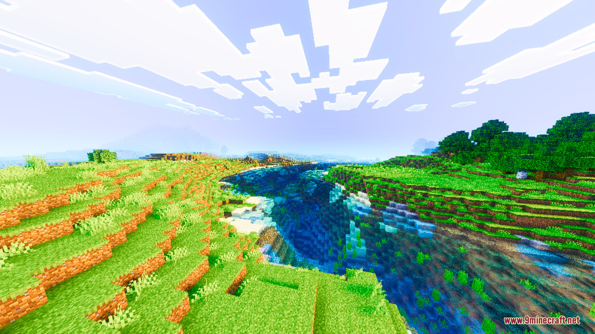 Solstice Chroma Shader Screenshot 4 Vibrant green landscapes and crystal clear water under a bright saturated Minecraft sky