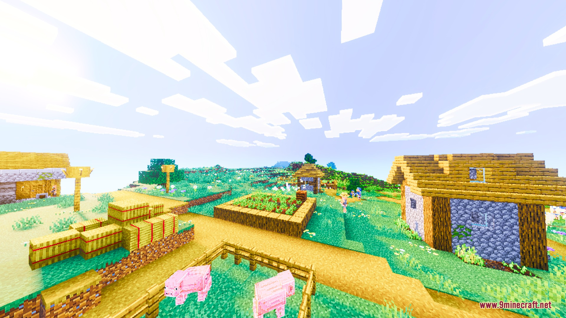 Solstice Chroma Shader Screenshot 5 Brightly saturated Minecraft village featuring hay bales and pigs under a glowing sky
