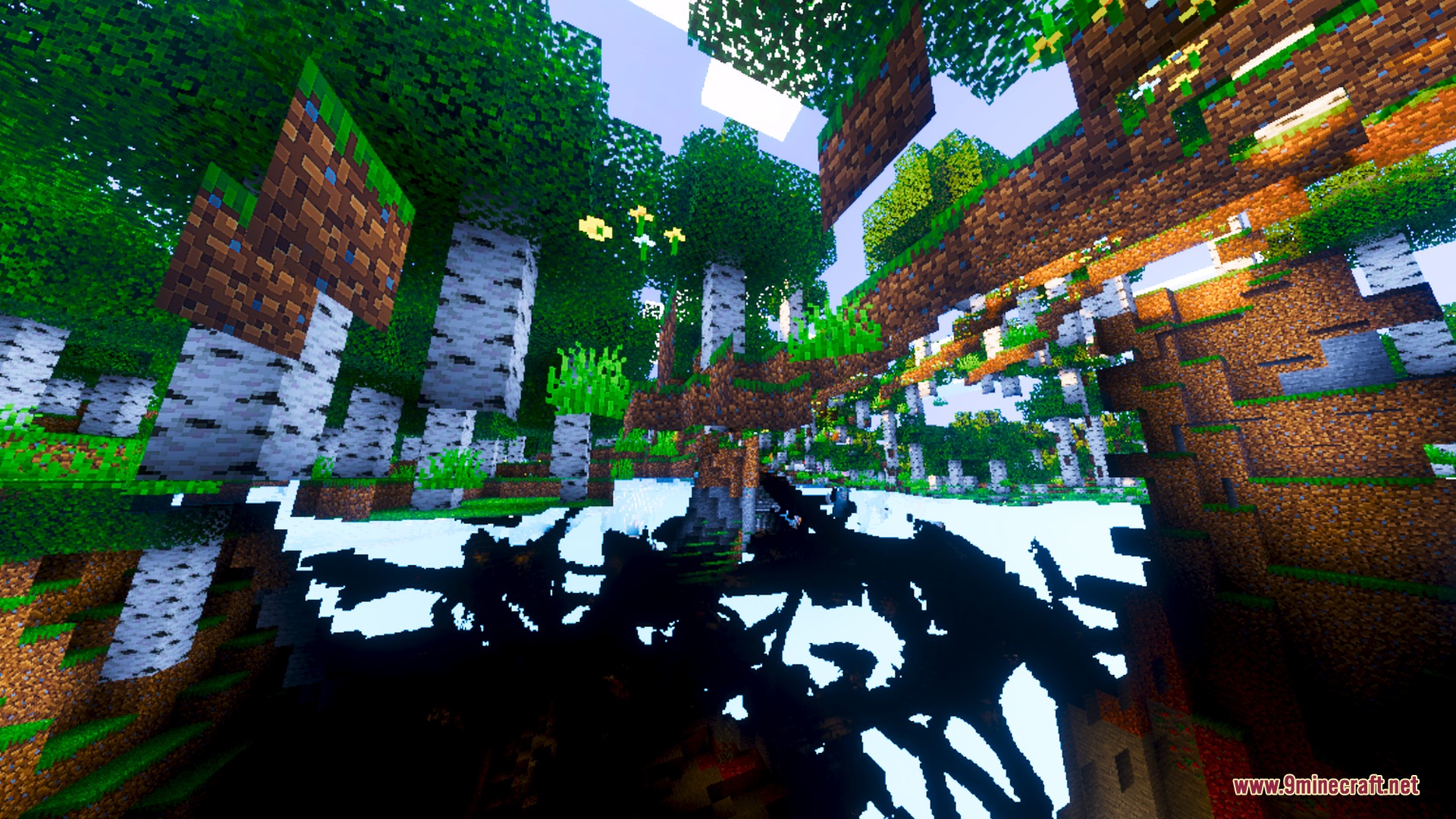 Solstice Chroma Shader Screenshot 6 Birch forest with high contrast lighting and deep shadows under a lush canopy