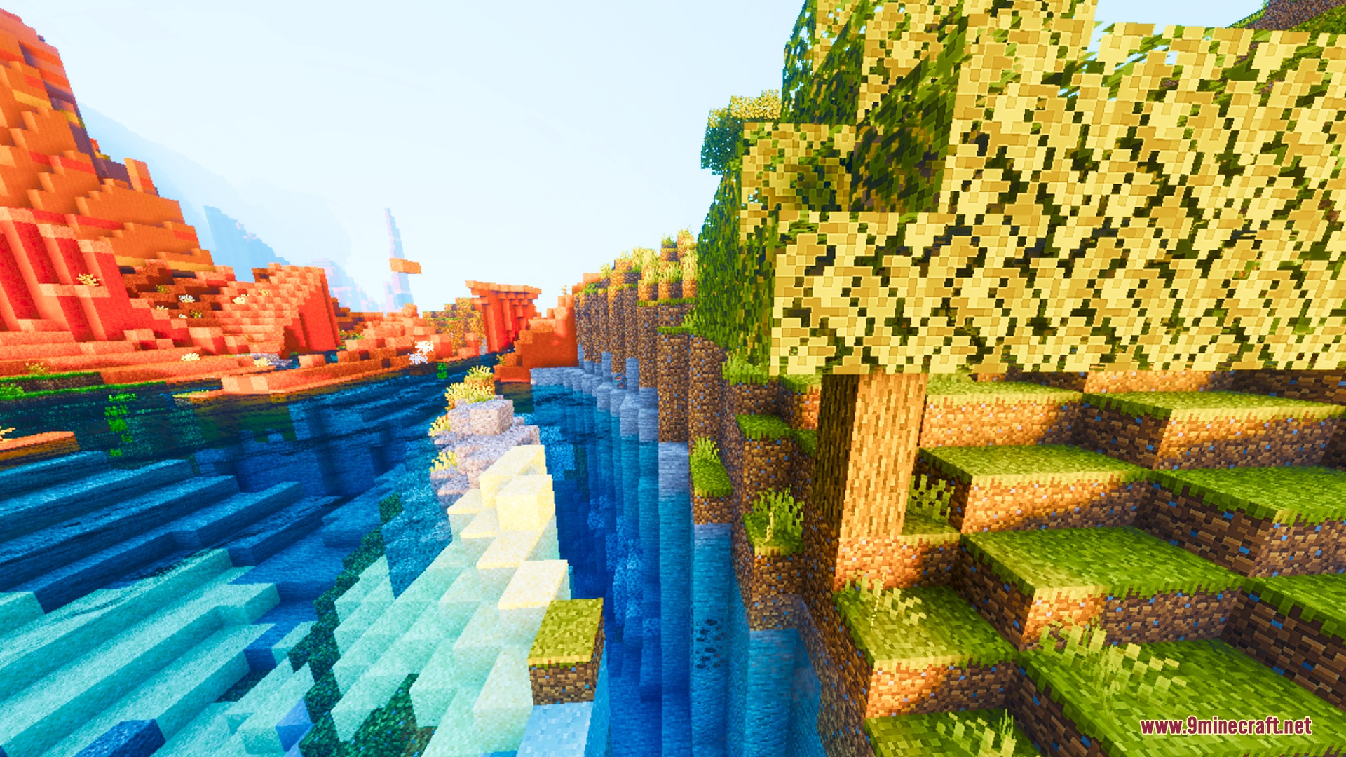 Solstice Chroma Shader Screenshot 7 Vibrant Minecraft landscape with crystal clear water and colorful blocks under warm lighting