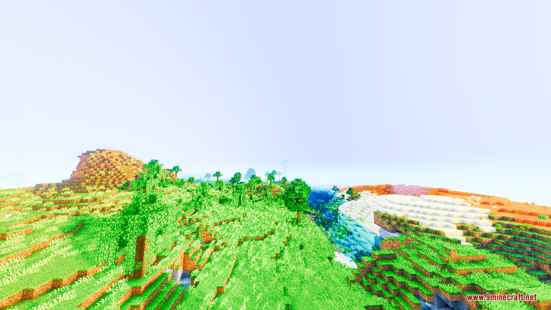 Solstice Chroma Shader Screenshot 8 Wide view of saturated green hills and orange terrain under a bright sky