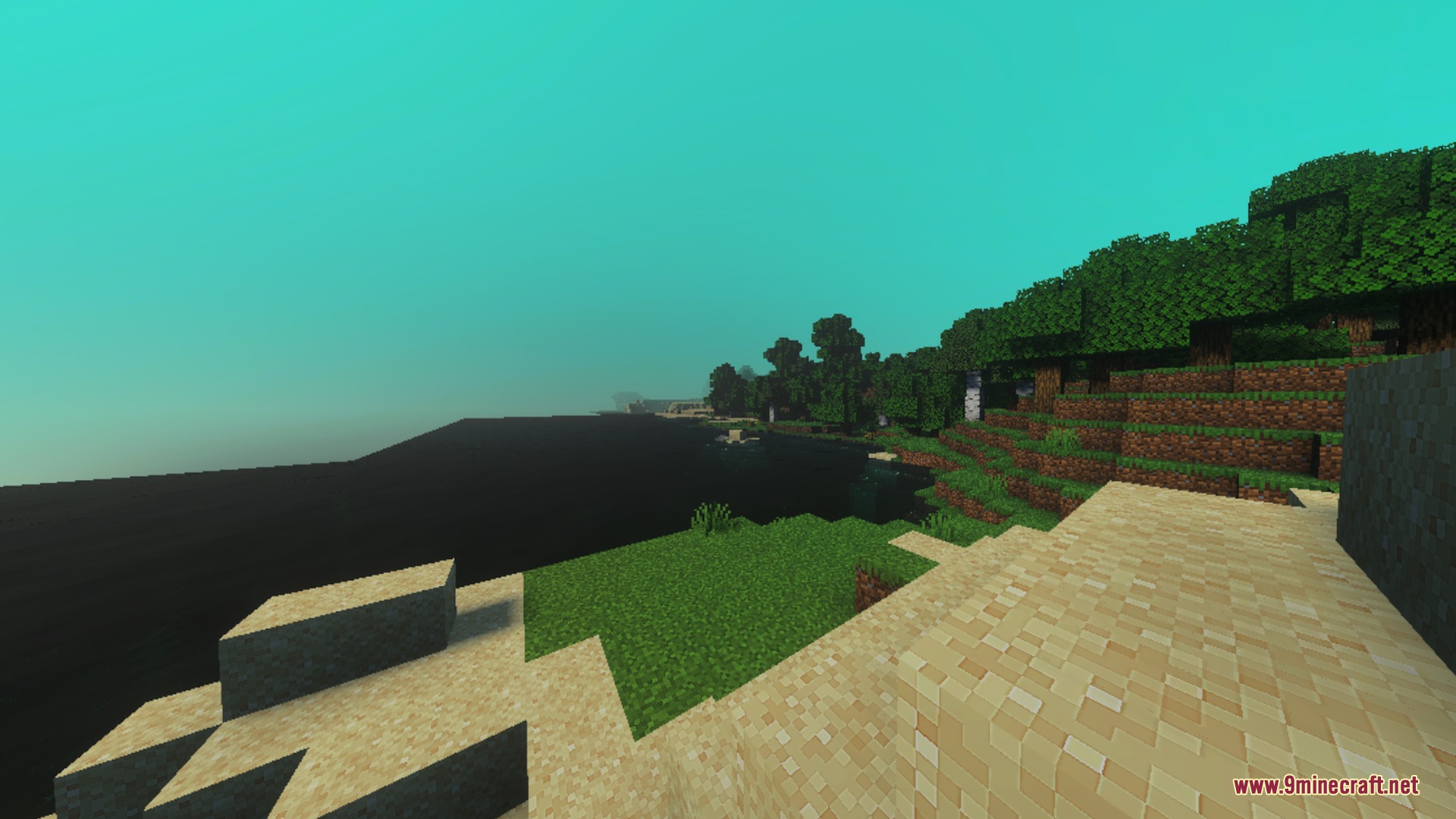 Solstice Visual shader enhancing a Minecraft landscape with bright skies and dark water
