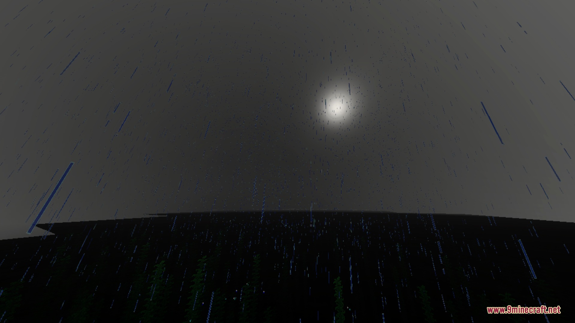 Rain falling over a dark forest under a bright moon in Minecraft