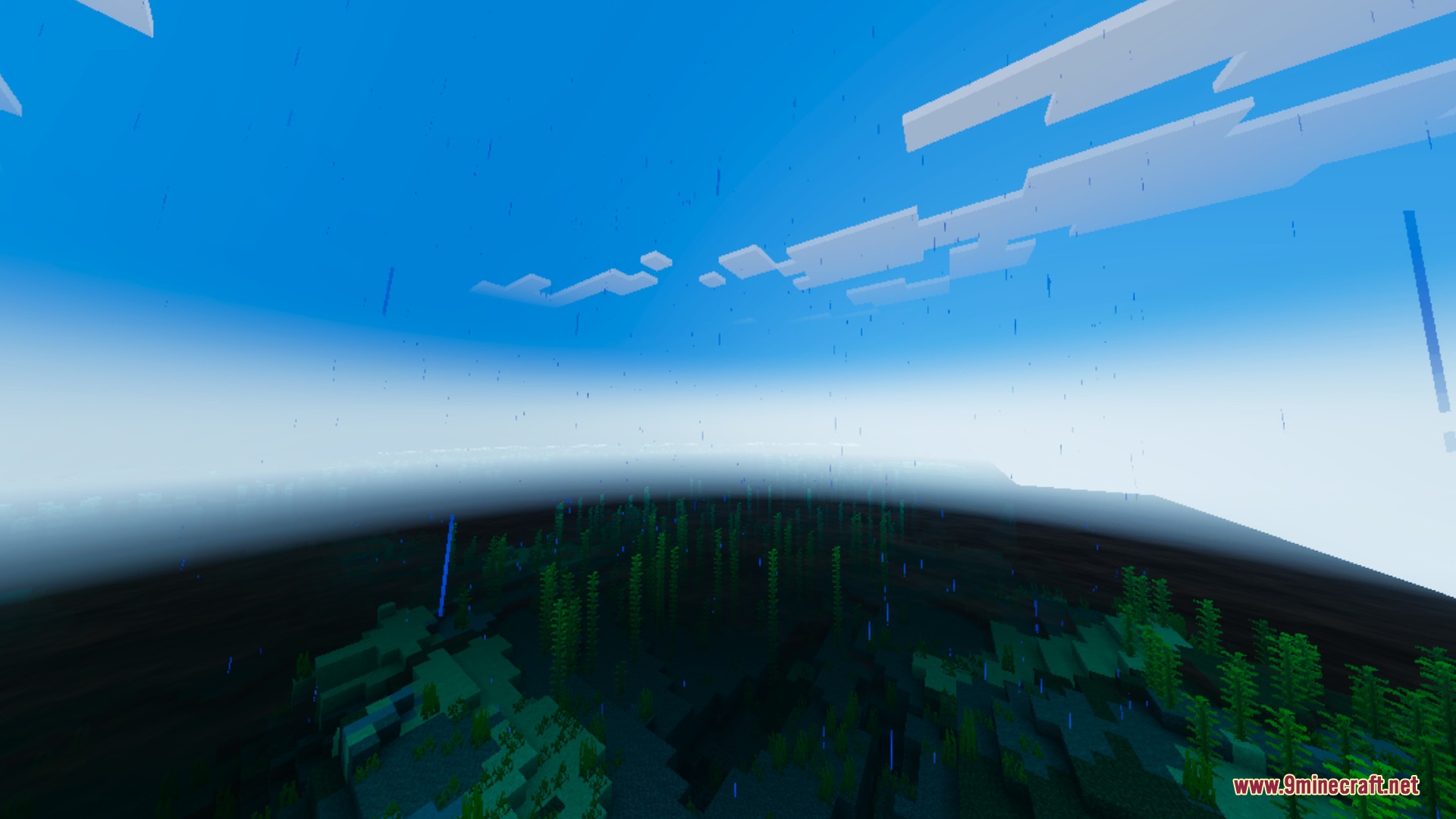 Solumn Visuals Shader Screenshot 1 An underwater view of kelp forests with rain falling through the blue sky