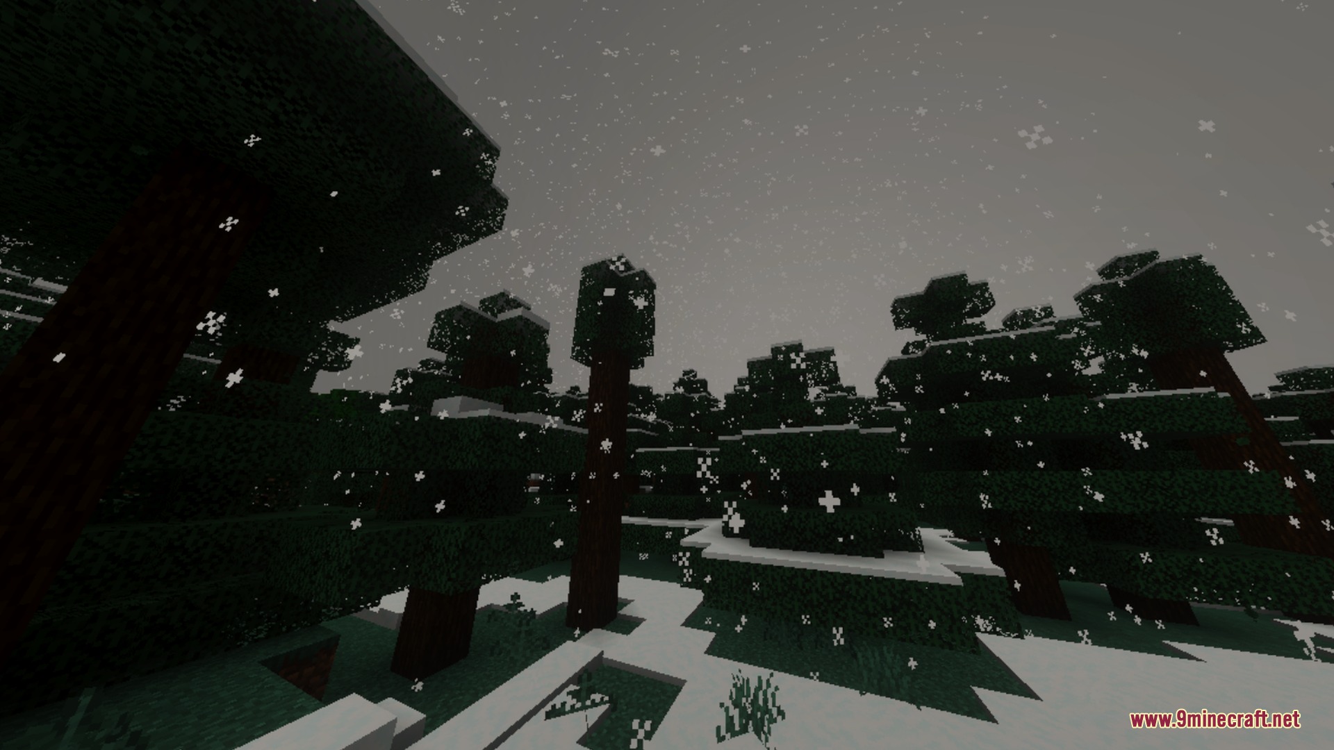 Solumn Visuals Shader Screenshot 10 Snowflakes fall over a dark forest with white snow covering the ground