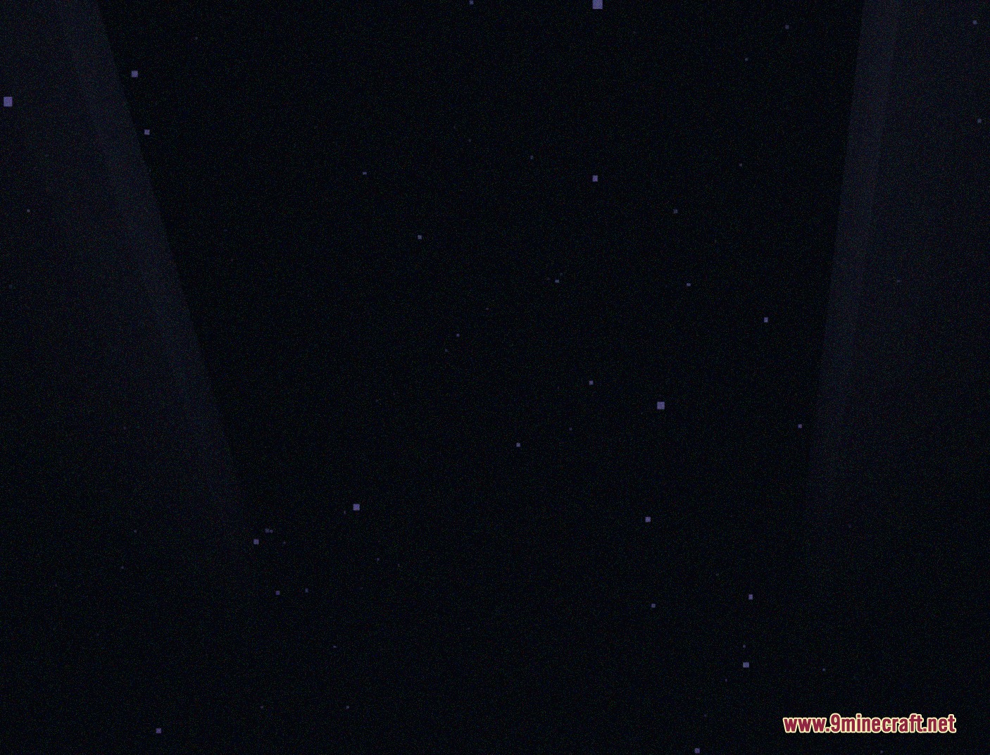 A mysterious dark void filled with floating purple particles and pixels