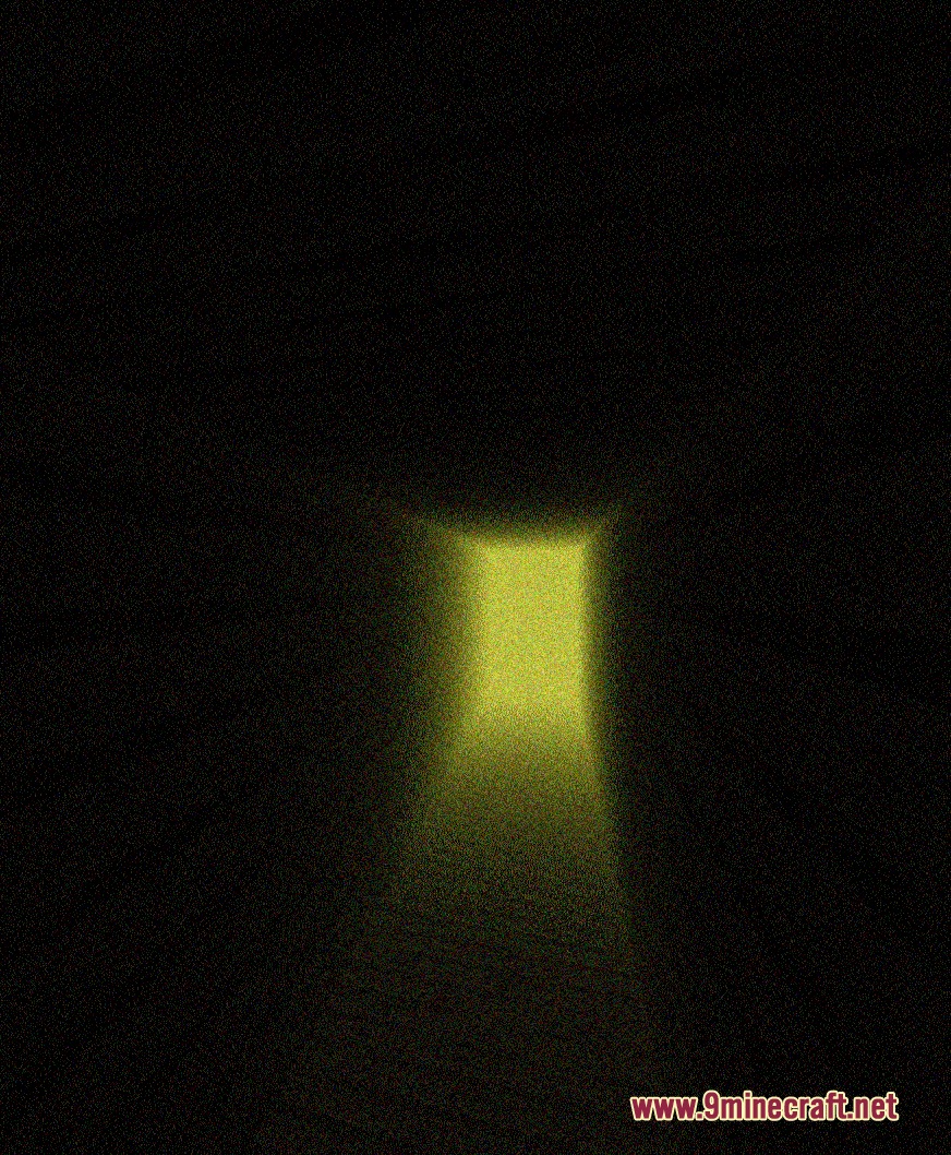 A glowing yellow doorway at the end of a dark and eerie hallway