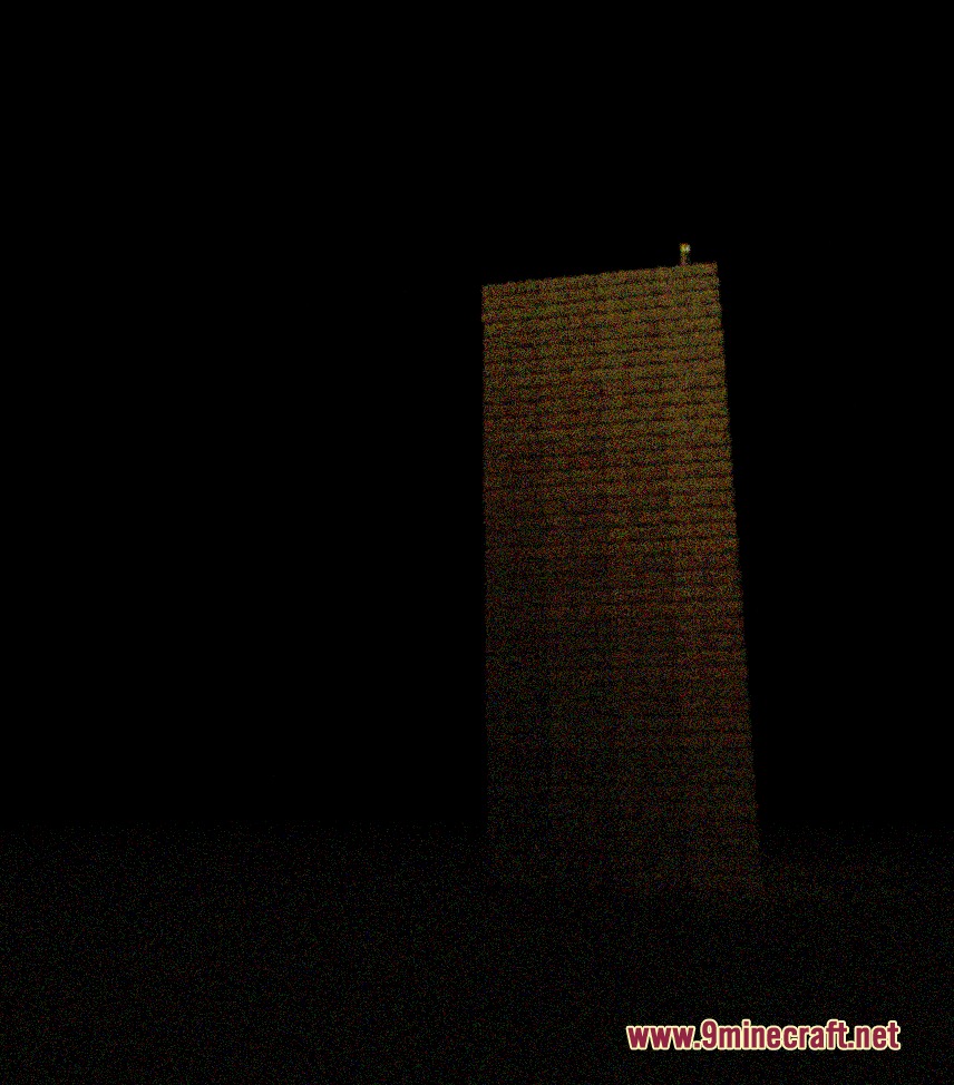 A tall wooden tower stands alone in a dark and eerie void