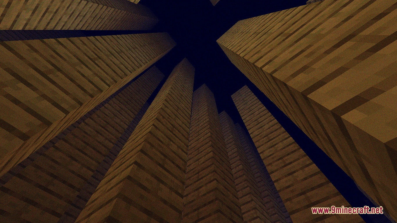 Looking up at massive wooden pillars in a dark liminal dream dimension