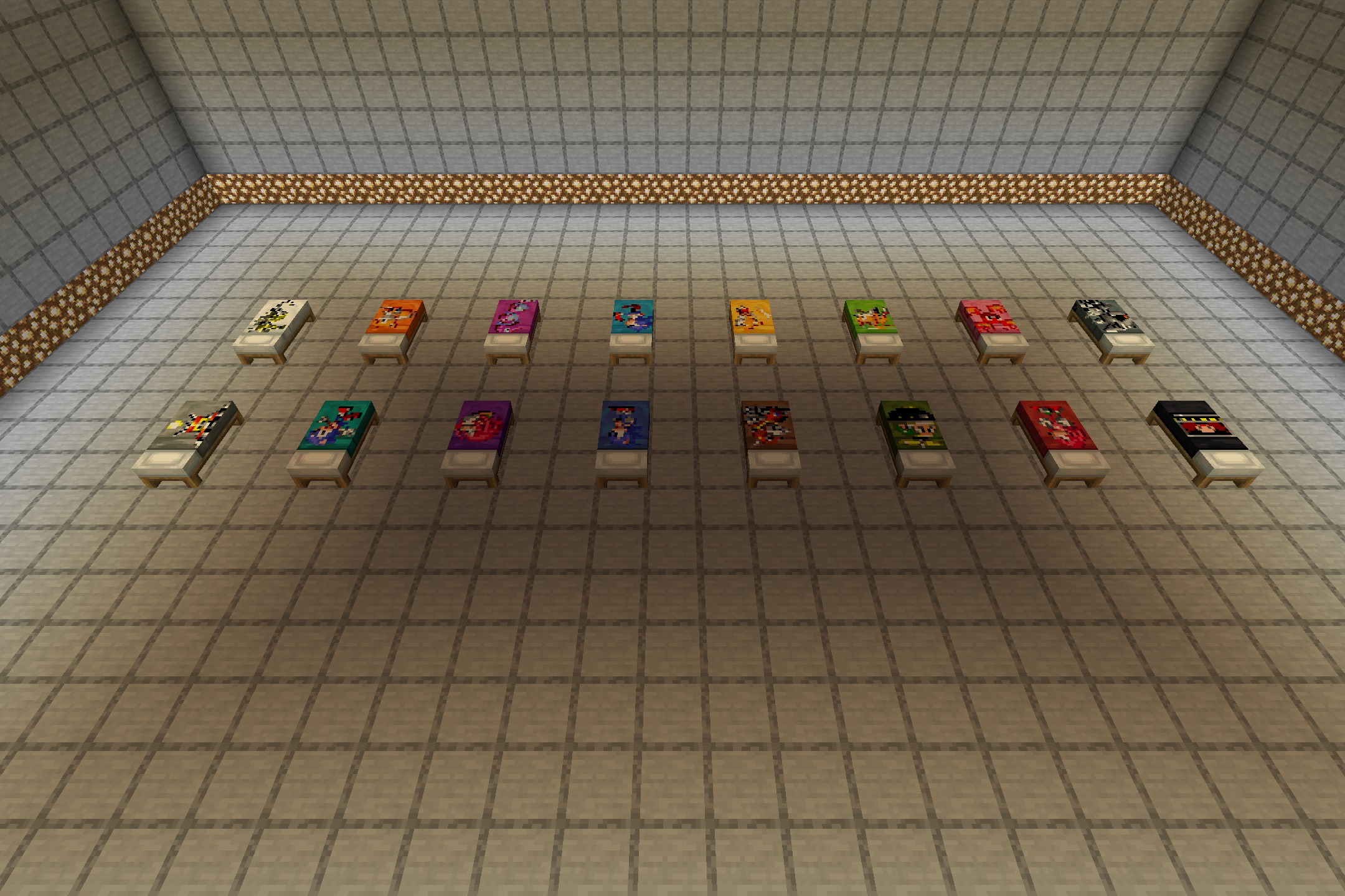 Sonic the Hedgehog Beds Resource Pack Screenshot 1 A room filled with colorful beds featuring classic Sonic character pixel art