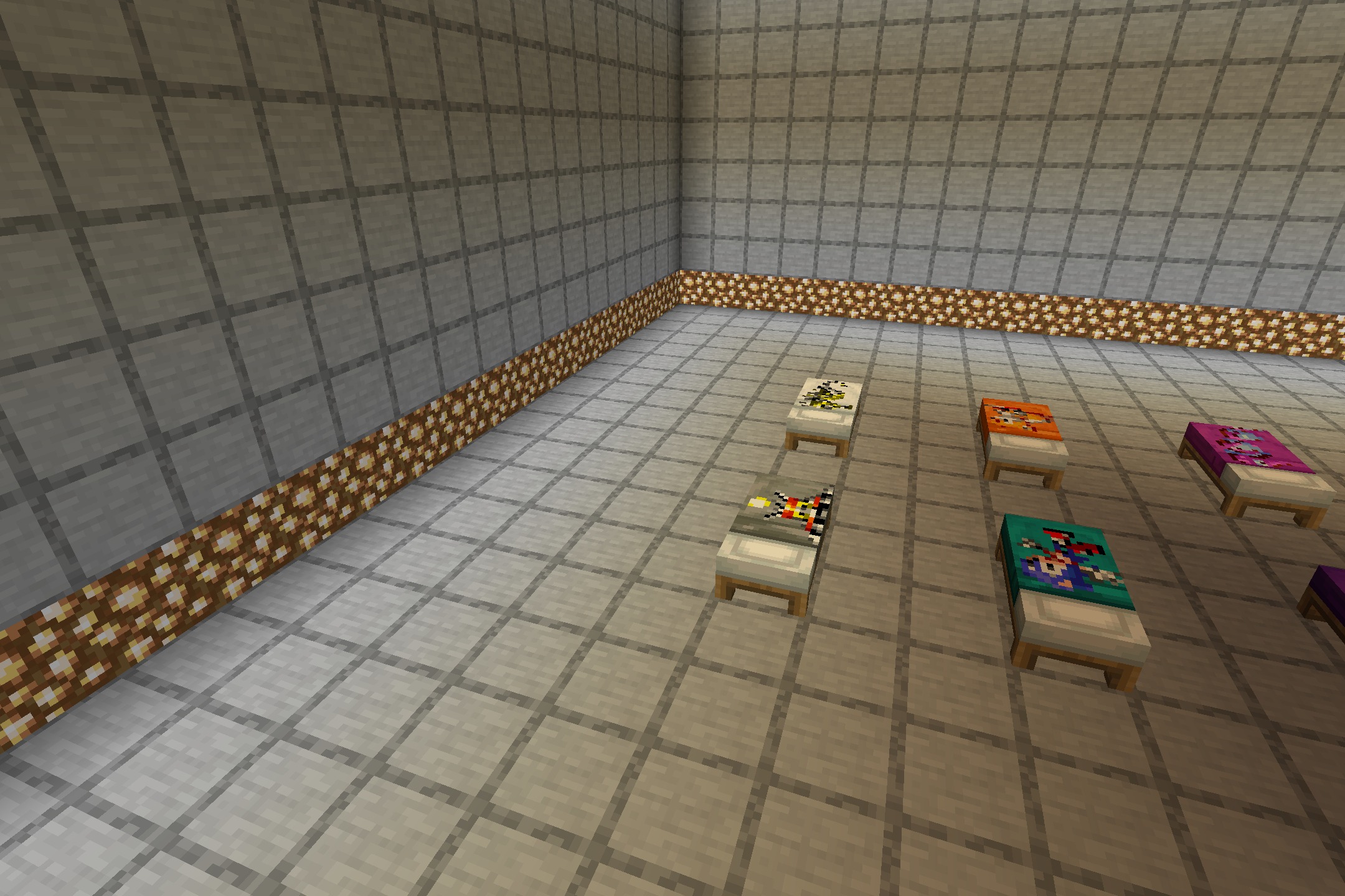 Sonic the Hedgehog Beds Resource Pack Screenshot 5 Multiple Minecraft beds featuring retro Sonic character pixel art on blankets