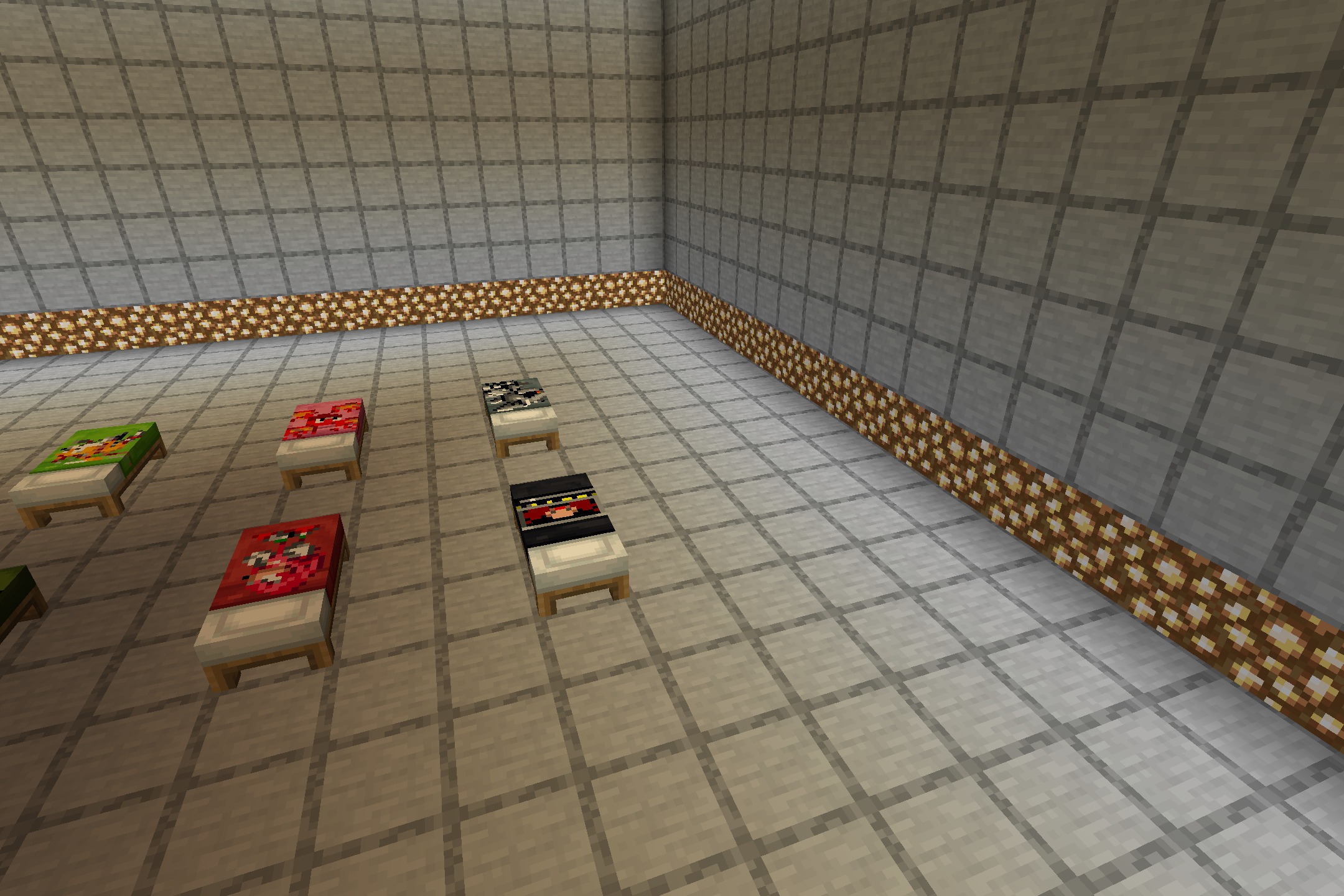 Sonic the Hedgehog Beds Resource Pack Screenshot 6 Various colored beds displaying custom Sonic character textures in a large room