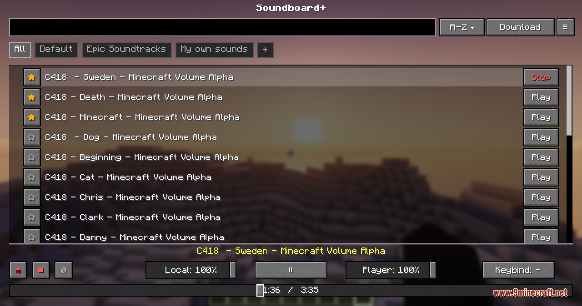 Minecraft soundboard menu showing a list of music tracks with playback buttons