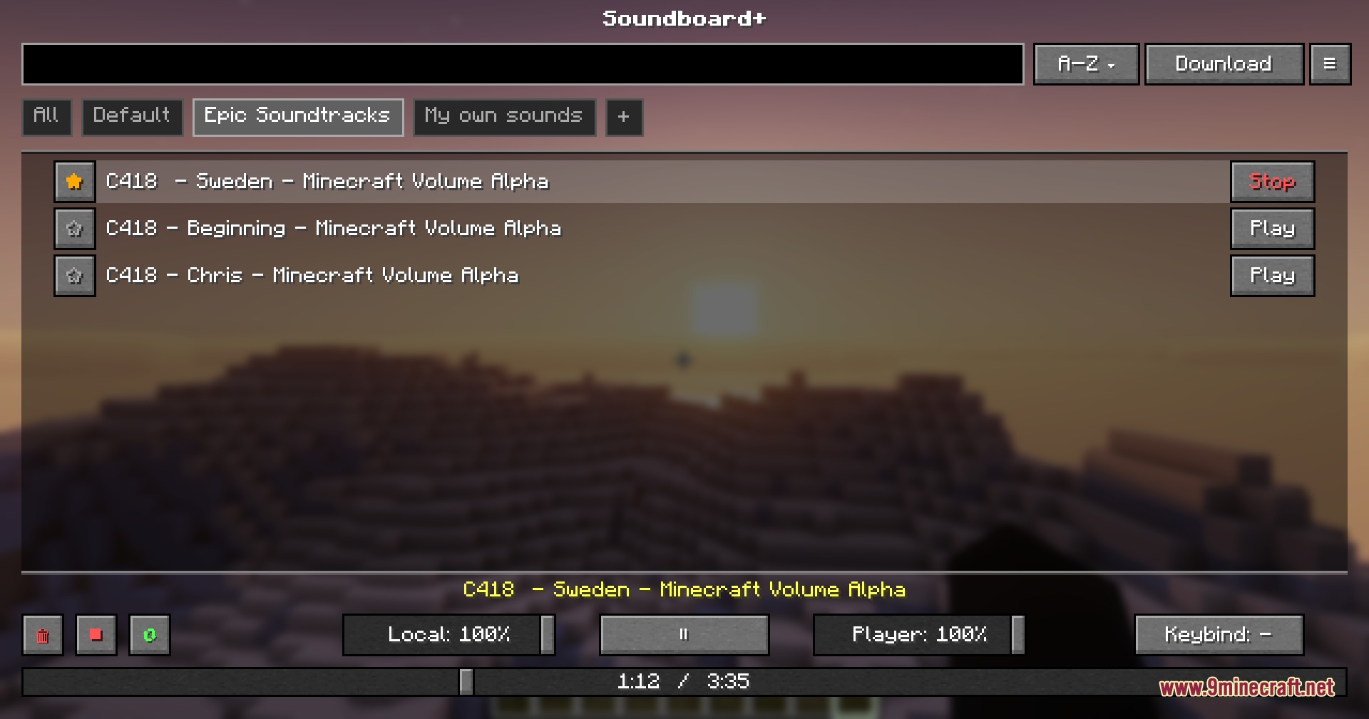 Filtering audio tracks by category in the soundboard interface during the game