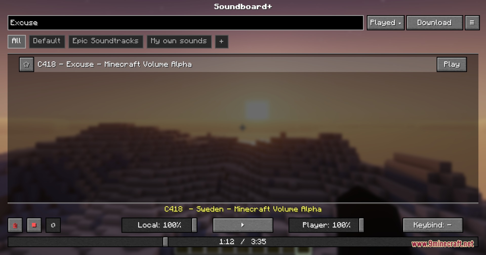 The Soundboard Plus menu displaying music tracks and audio playback settings in game