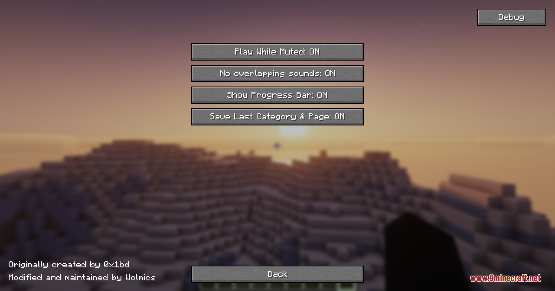 A settings menu showing various toggle options for the audio playback mod