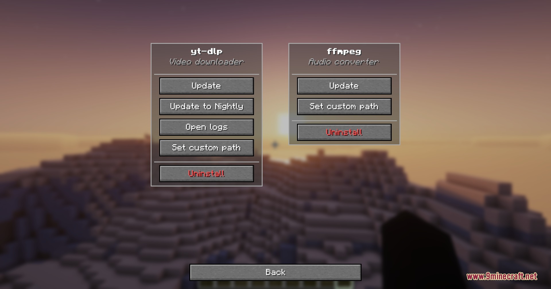 Minecraft menu with options to update video downloader and audio converter tools