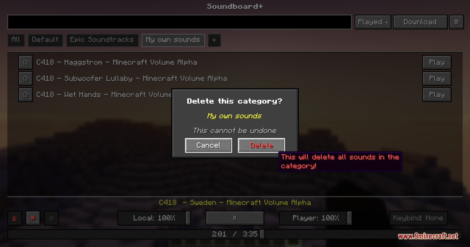 Soundboard interface with a confirmation window to delete a custom sound category