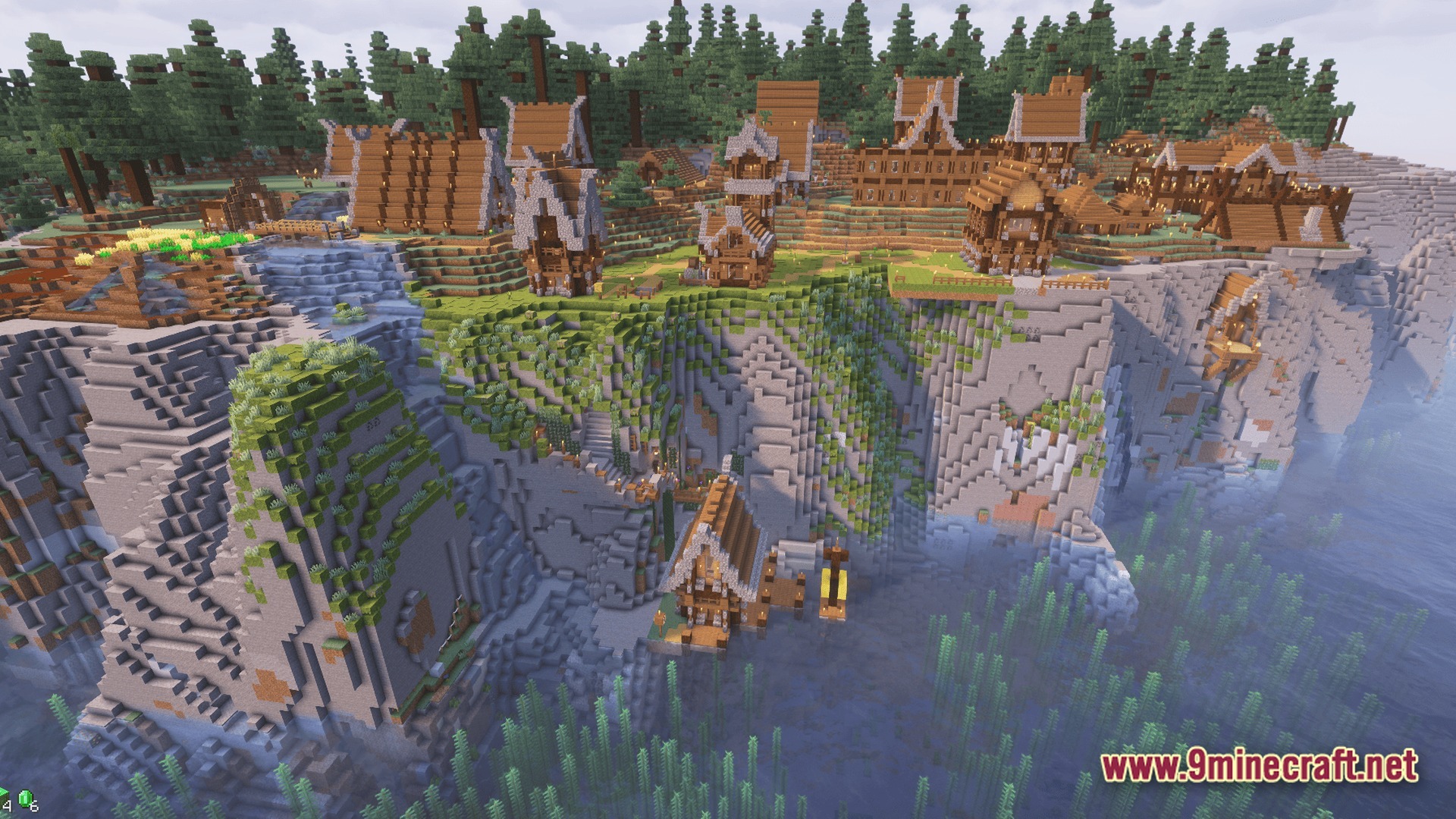 Sovereign Skies Quest Modpack Screenshot 1 A wooden village settlement built on a grassy cliffside overlooking a body of water