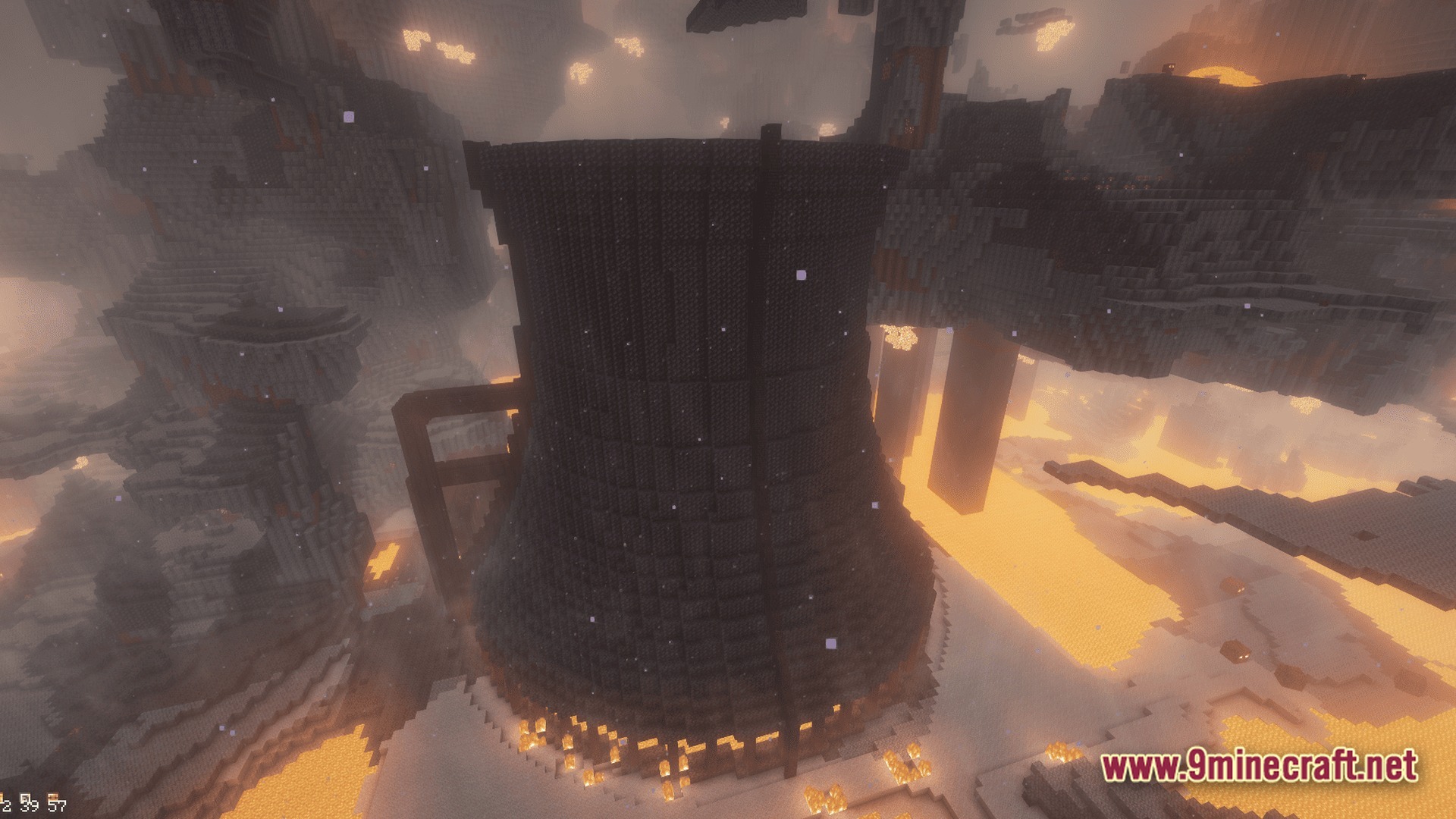 Sovereign Skies Quest Modpack Screenshot 10 A large industrial cooling tower structure built within a volcanic Nether-like biome with lava flows