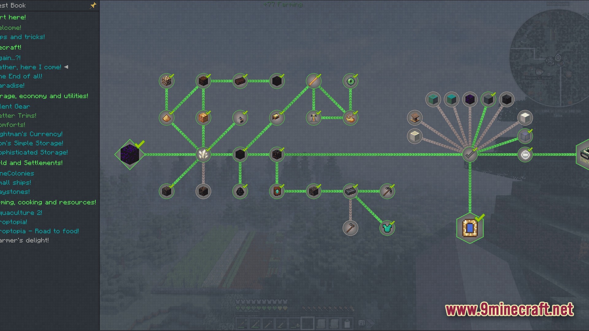 Sovereign Skies Quest Modpack Screenshot 2 A quest book interface displays a branching progression tree of various items and blocks
