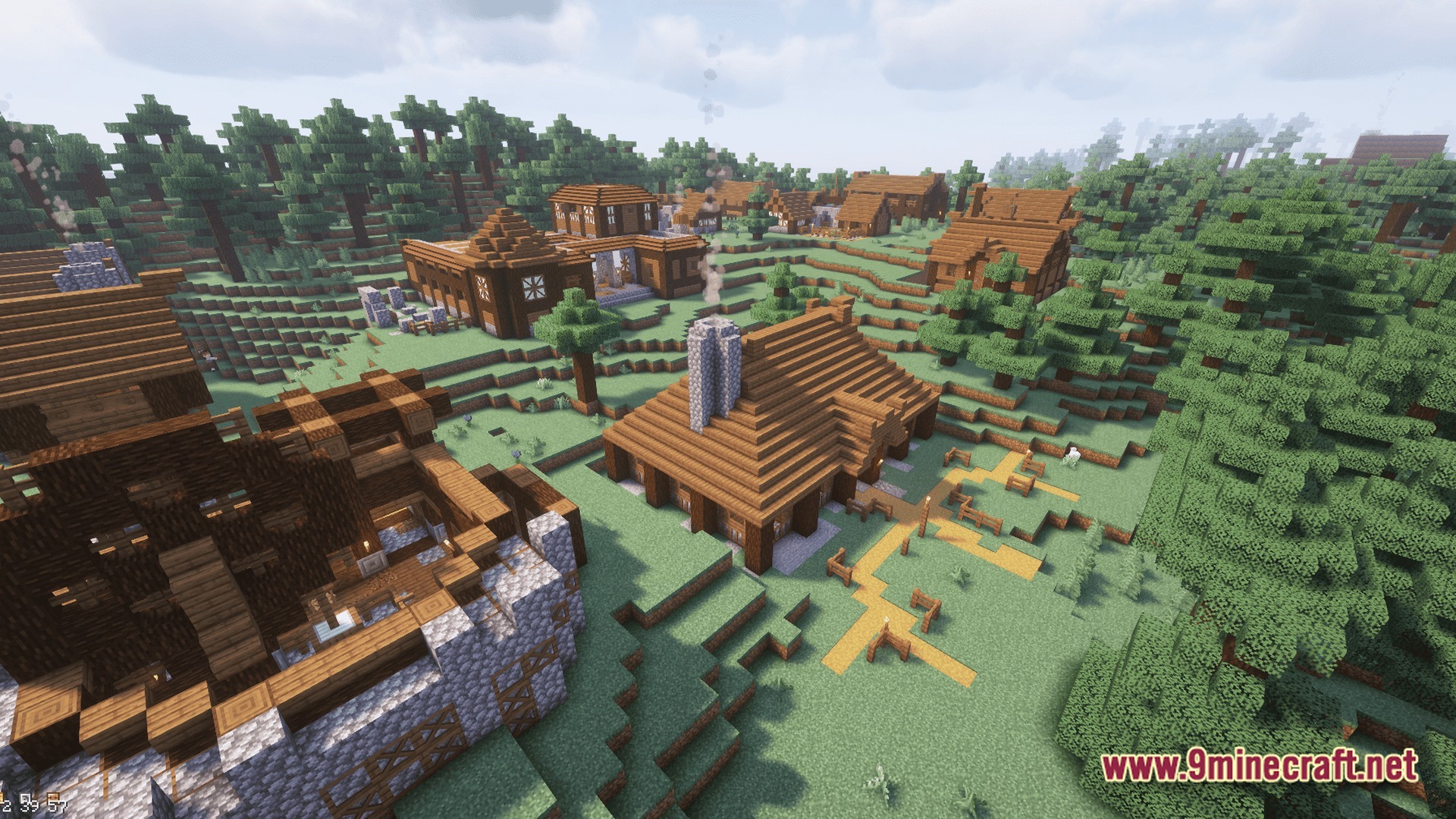 Sovereign Skies Quest Modpack Screenshot 3 A sprawling village of wooden and stone houses situated within a dense evergreen forest biome