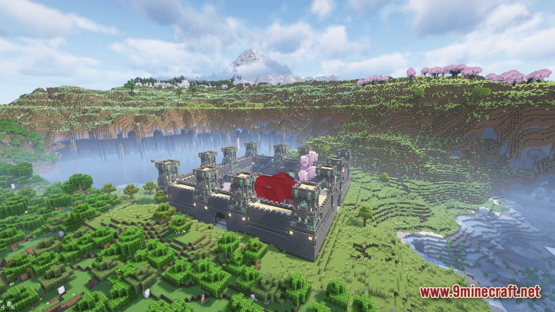 Sovereign Skies Quest Modpack Screenshot 4 A stone fortress with a red roof sits in a valley near a large floating island