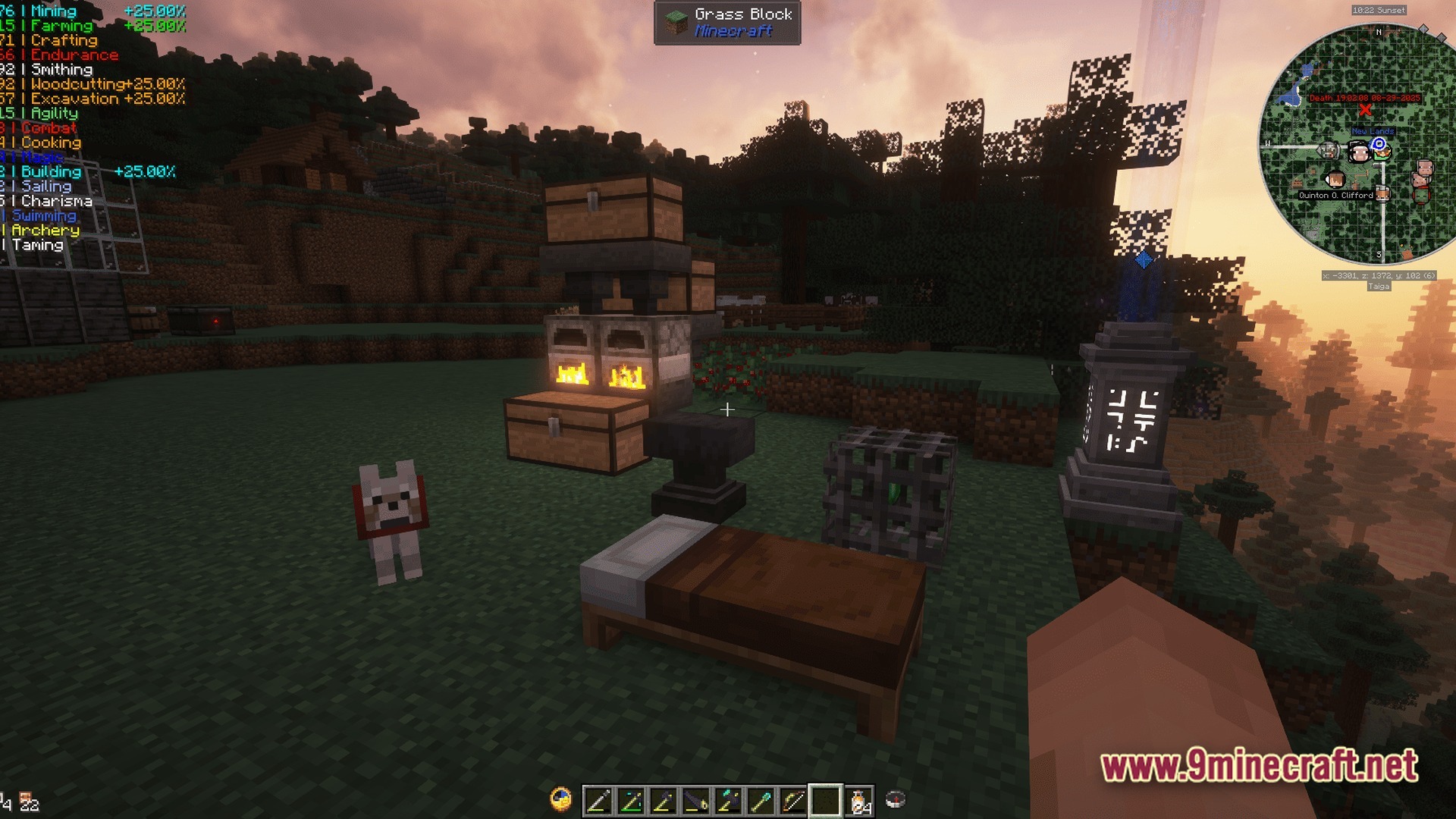 Sovereign Skies Quest Modpack Screenshot 5 A tamed wolf stands near a bed, furnaces, and a waystone in a taiga biome