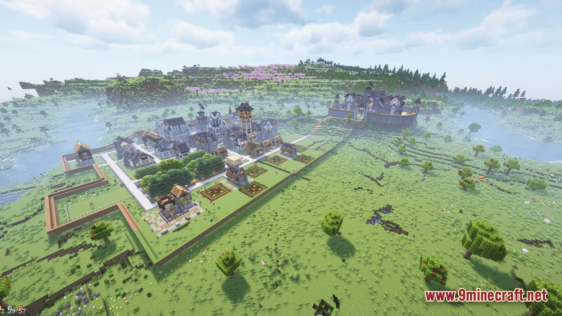 Sovereign Skies Quest Modpack Screenshot 6 A sprawling medieval stone city and fortified castle overlook a vast green plains biome