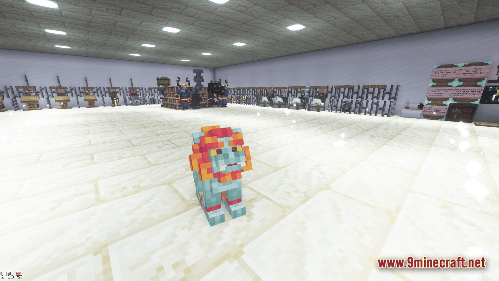 Sovereign Skies Quest Modpack Screenshot 7 A colorful guardian statue stands in a white room filled with villager trading stalls and workstations