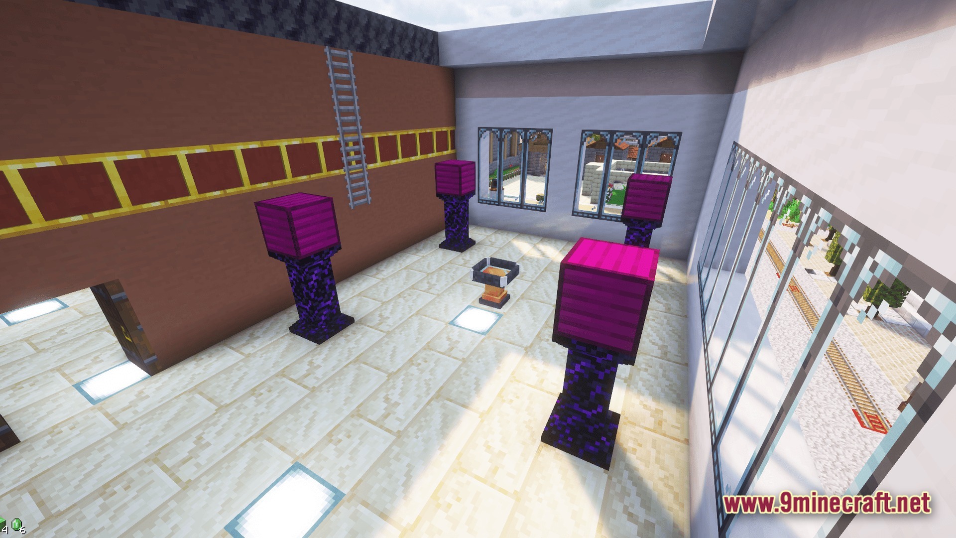 Sovereign Skies Quest Modpack Screenshot 8 Four purple pedestals surround a central crafting altar inside a modern building with large windows