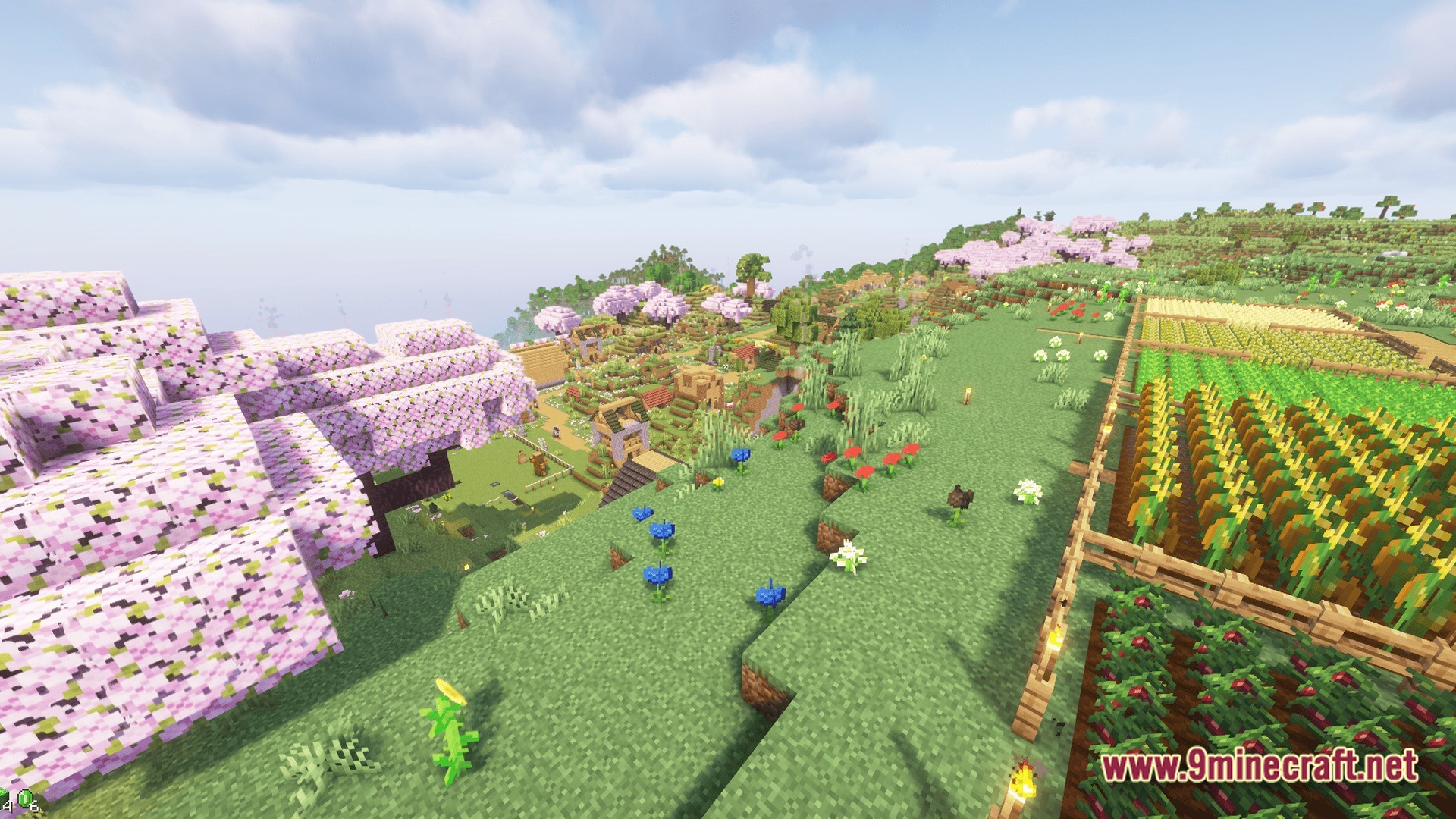 Sovereign Skies Quest Modpack Screenshot 9 A village and agricultural fields situated among cherry blossom trees and rolling green hills