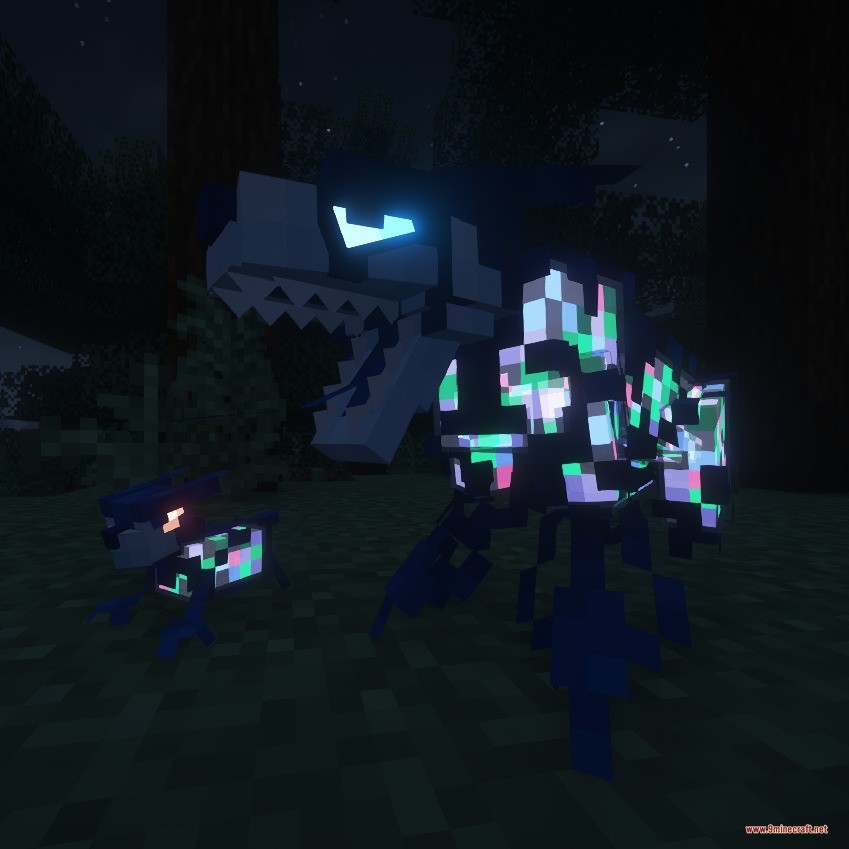 Mysterious glitchy creatures with glowing eyes roaming a dark forest at night