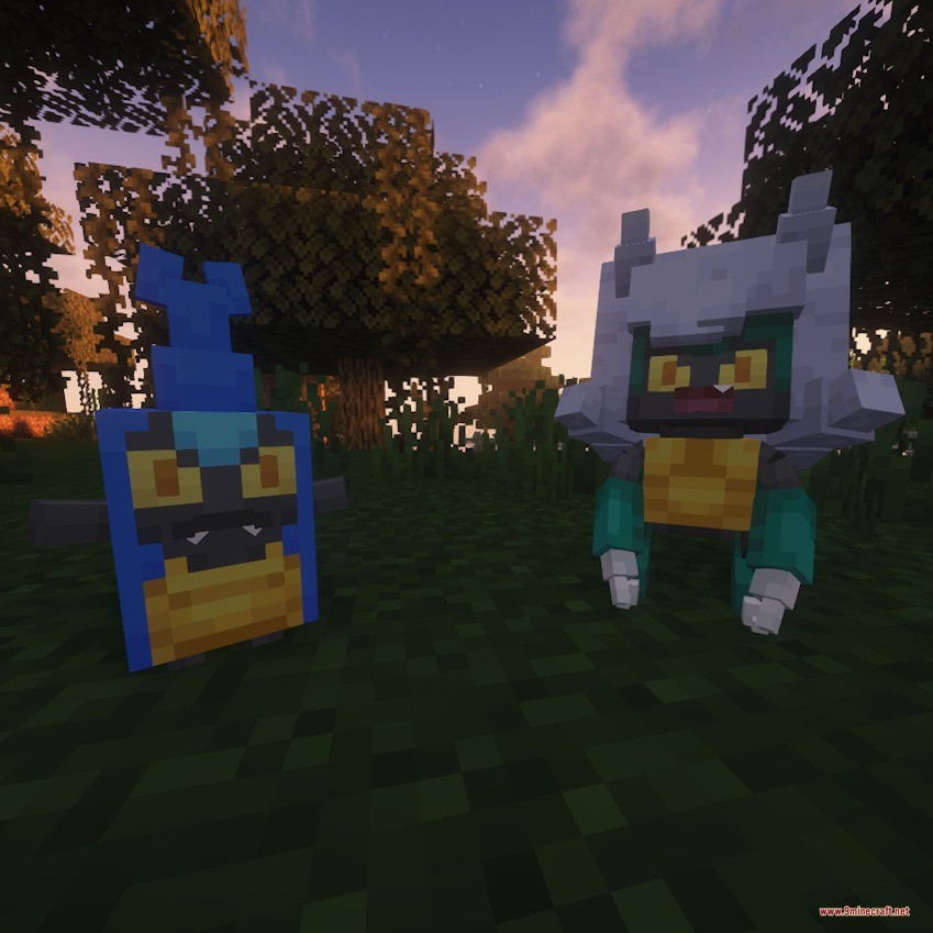 Two unique beta pocket monsters standing together in a lush forest at sunset