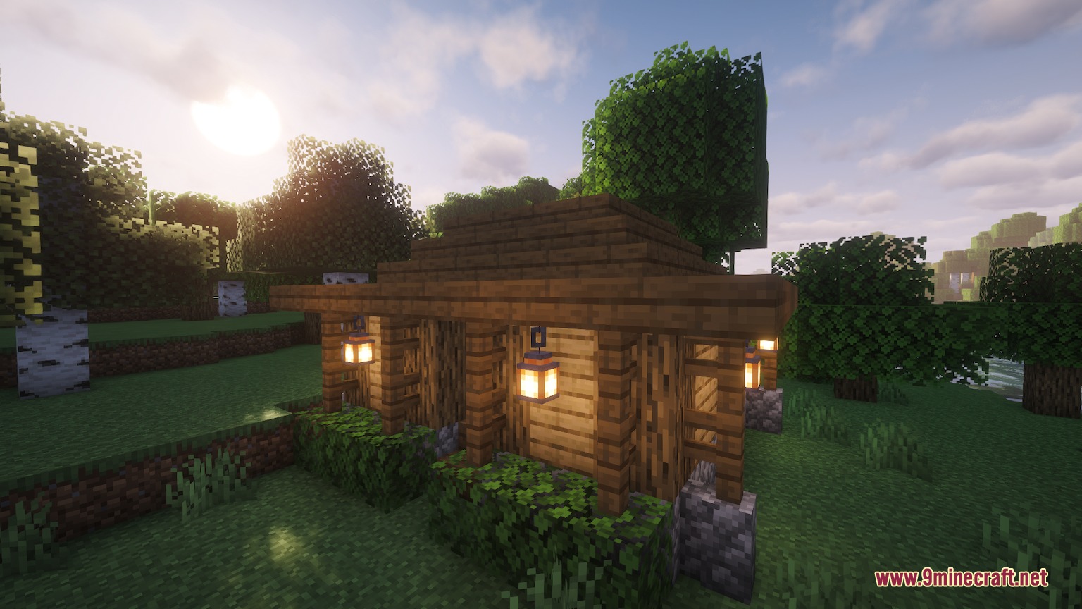 Spawnside Hearth Mod Screenshot 1 A small wooden starter house with lanterns generated at the world spawn