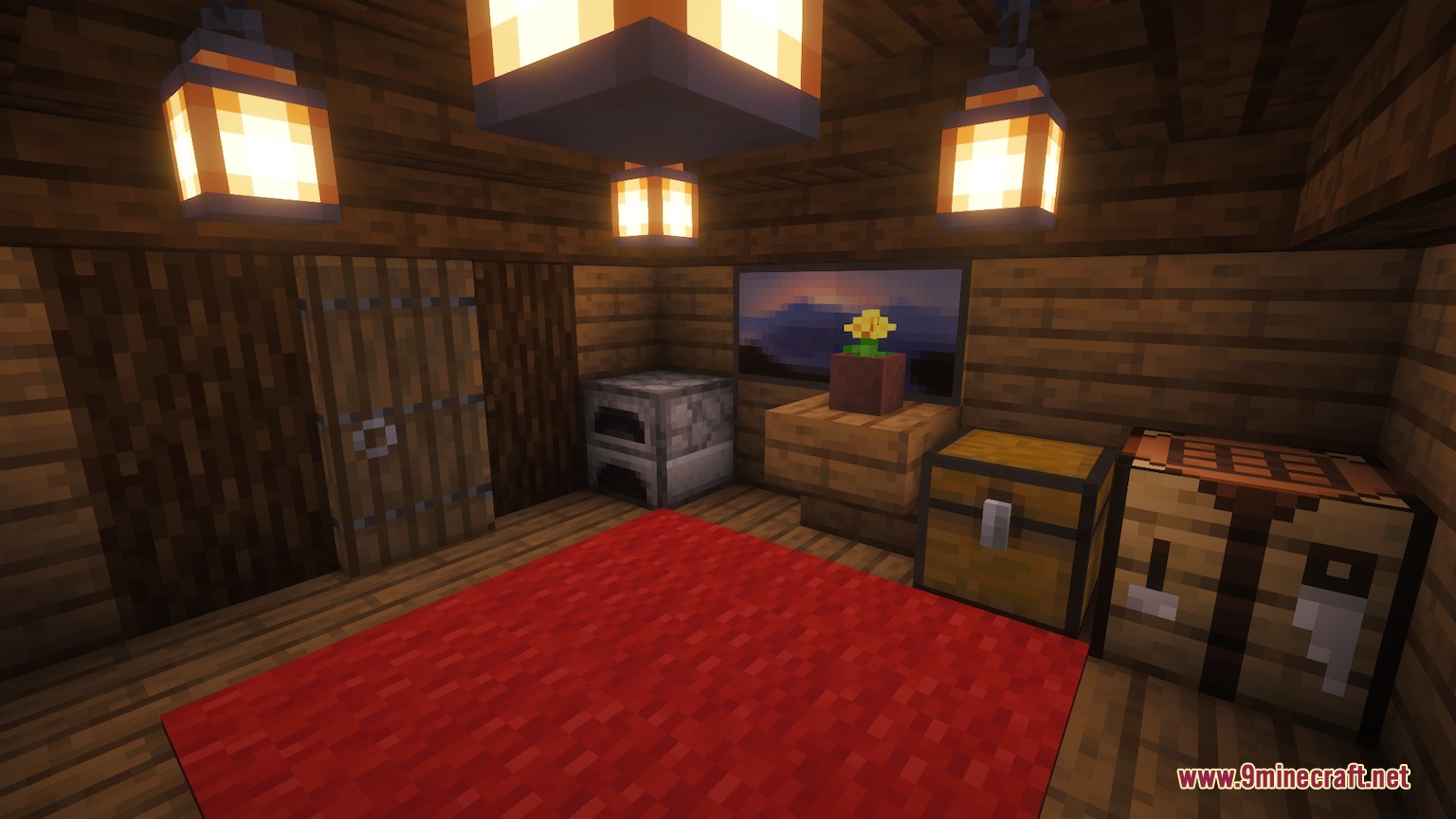 Spawnside Hearth Mod Screenshot 2 Cozy interior of a starter house with basic furniture and red carpet