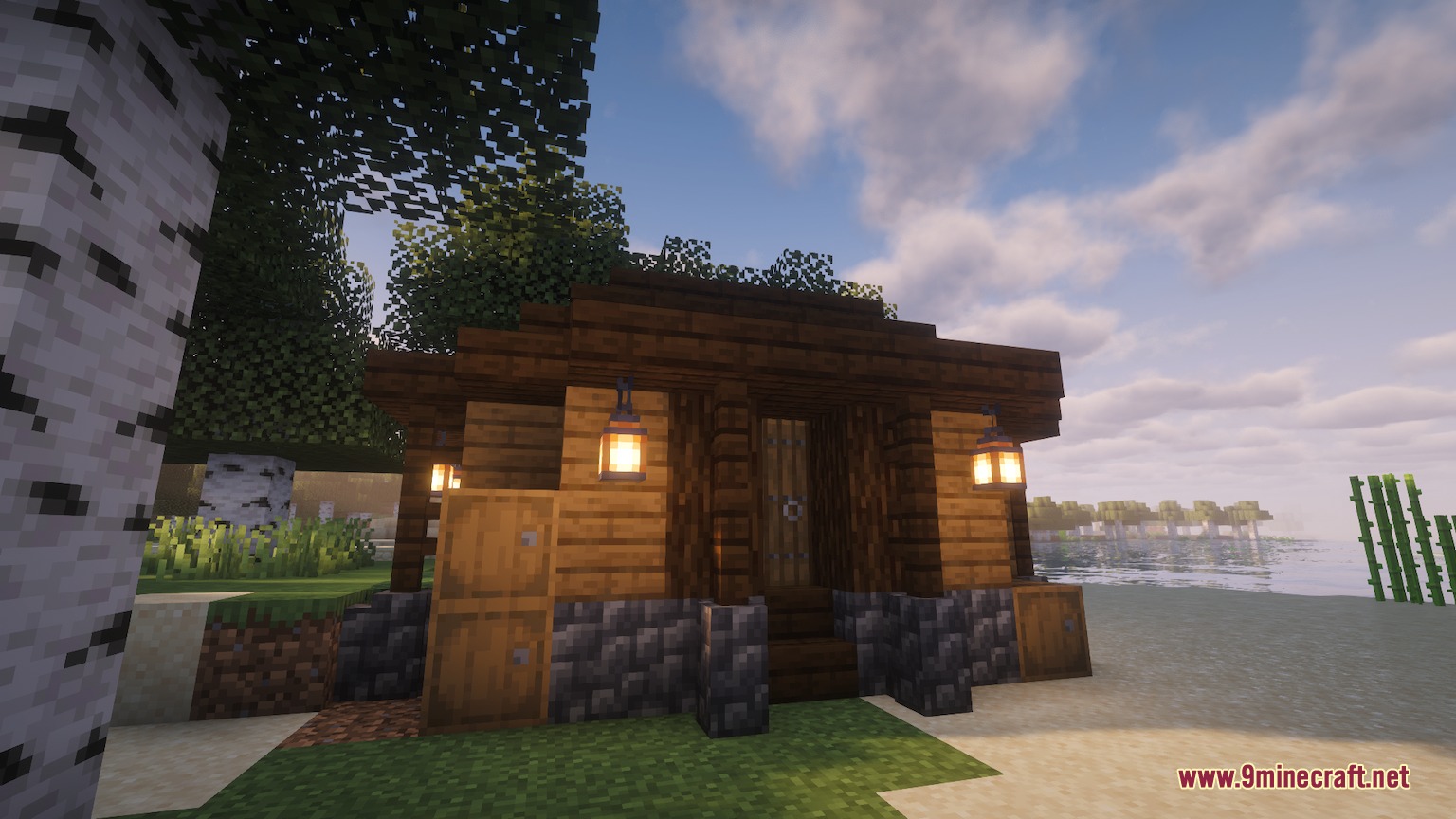 Spawnside Hearth Mod Screenshot 3 A cozy wooden starter house from Spawnside Hearth Mod near a beach