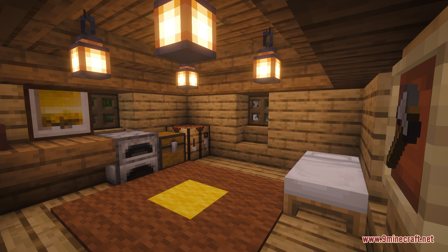 Spawnside Hearth Mod Screenshot 4 Inside a wooden starter house showing a bed chest and crafting table